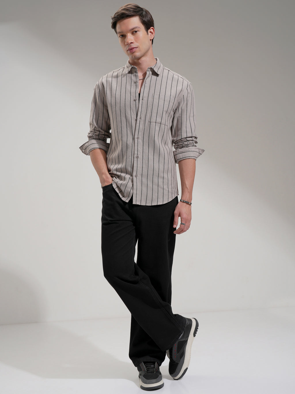 Highlander Men Beige Striped Slim Fit Casual Shirt - Beige - Image 2