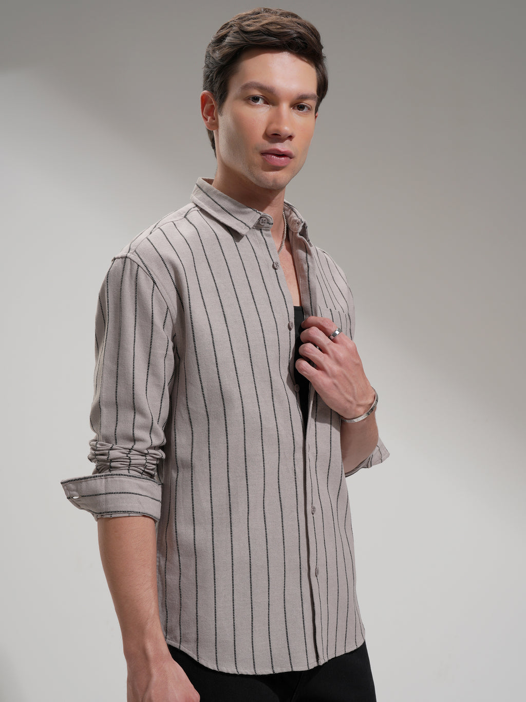 Highlander Men Beige Striped Slim Fit Casual Shirt - Beige - Image 6