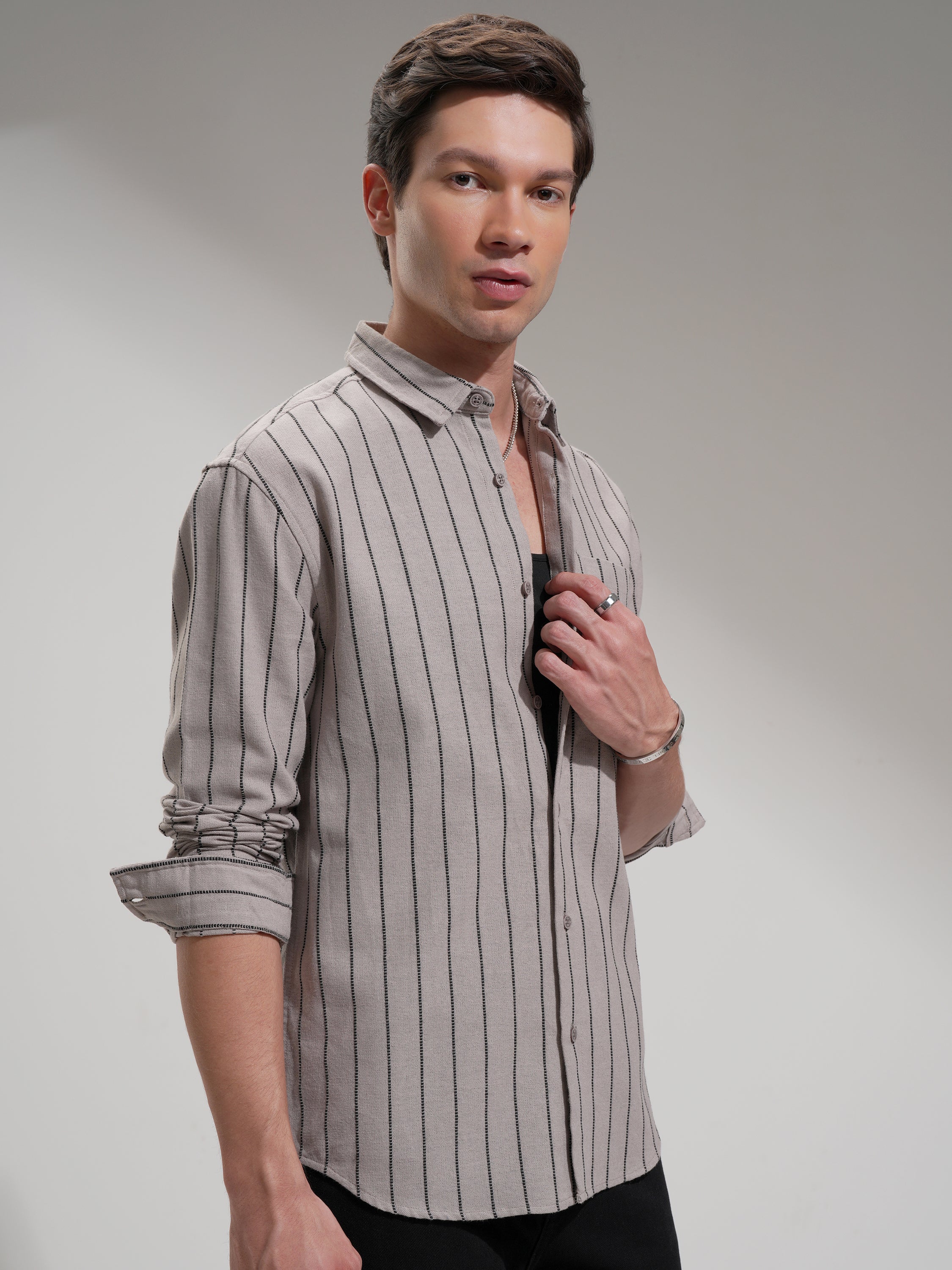 Highlander Men Beige Striped Slim Fit Casual Shirt - Beige - Image 6