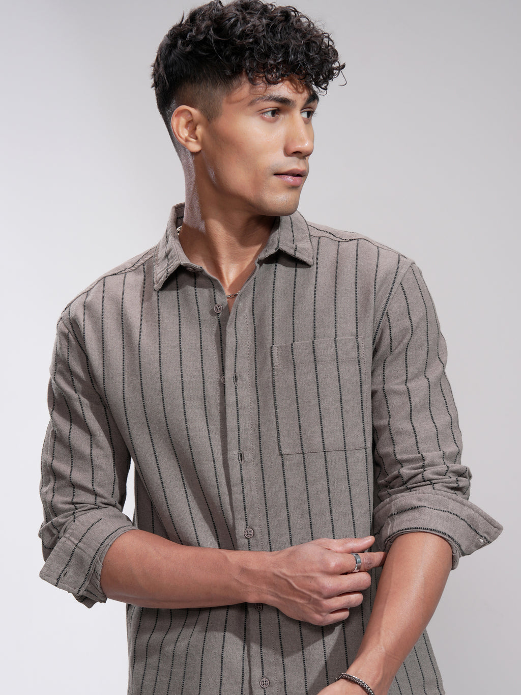 Highlander Men Khaki Striped Slim Fit Casual Shirt - Khaki - Image 1