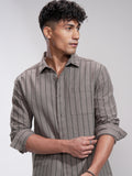 Highlander Men Khaki Striped Slim Fit Casual Shirt - Khaki - Image 1