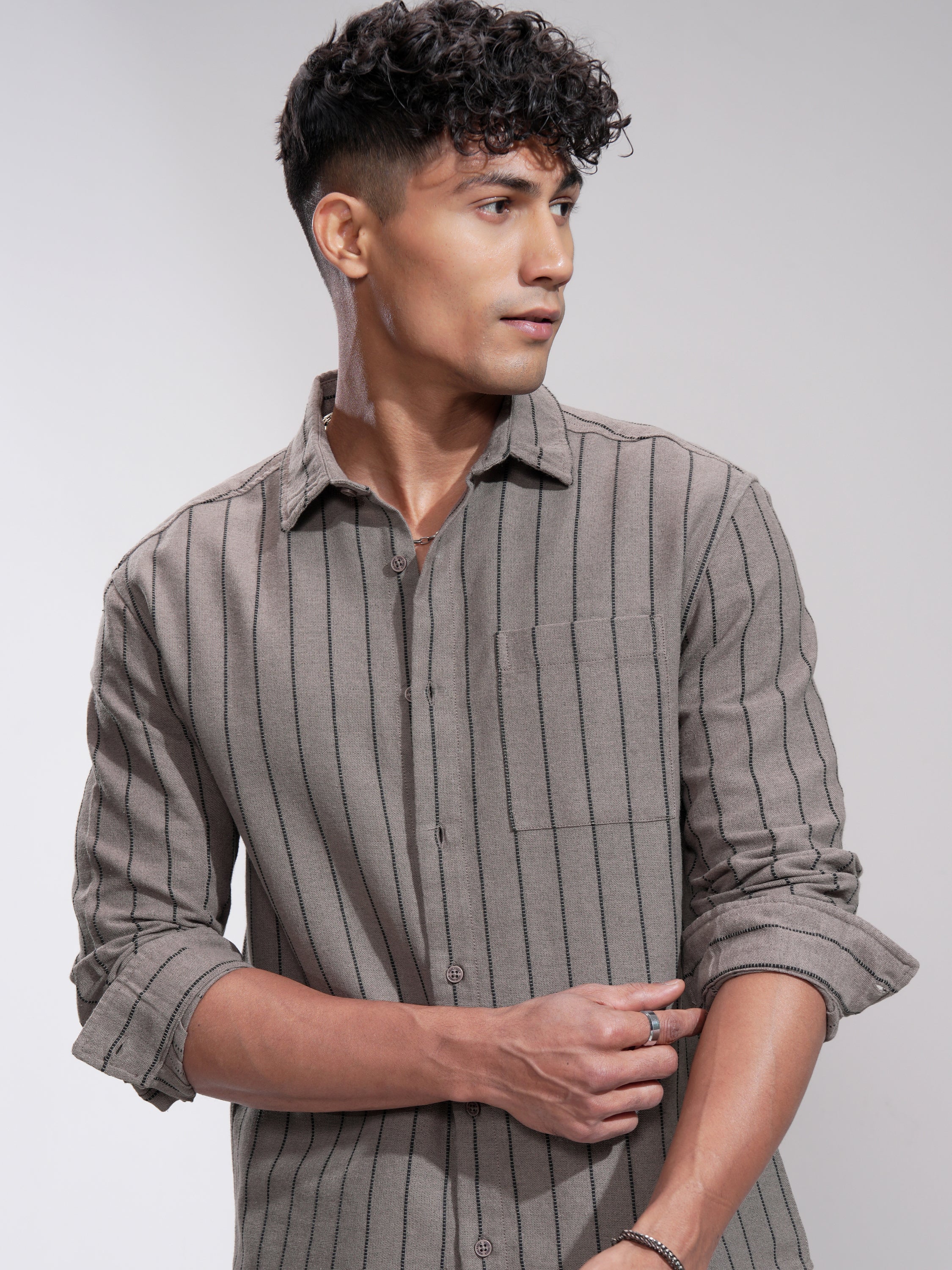 Highlander Men Khaki Striped Slim Fit Casual Shirt - Khaki - Image 1