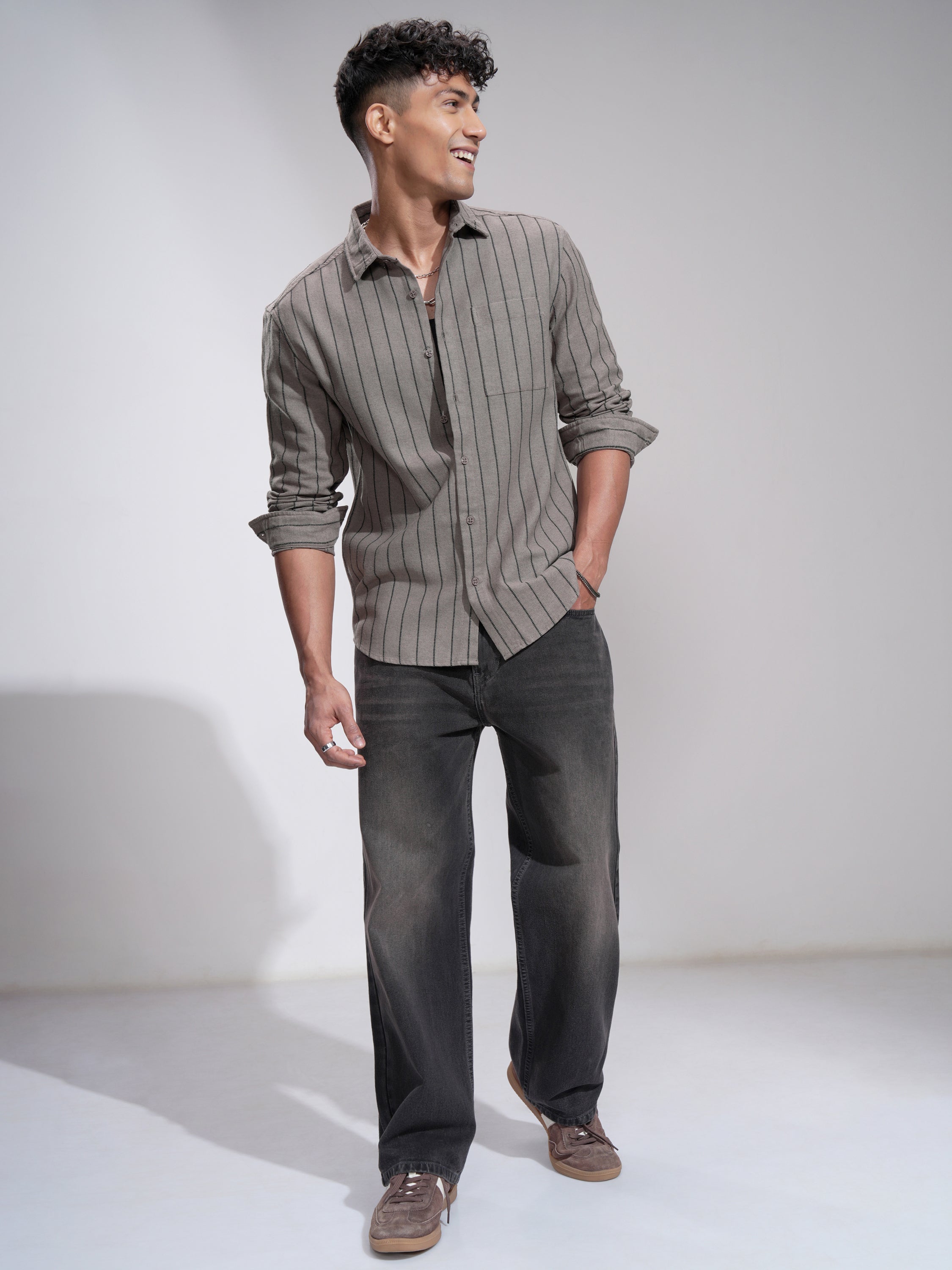 Highlander Men Khaki Striped Slim Fit Casual Shirt - Khaki - Image 2