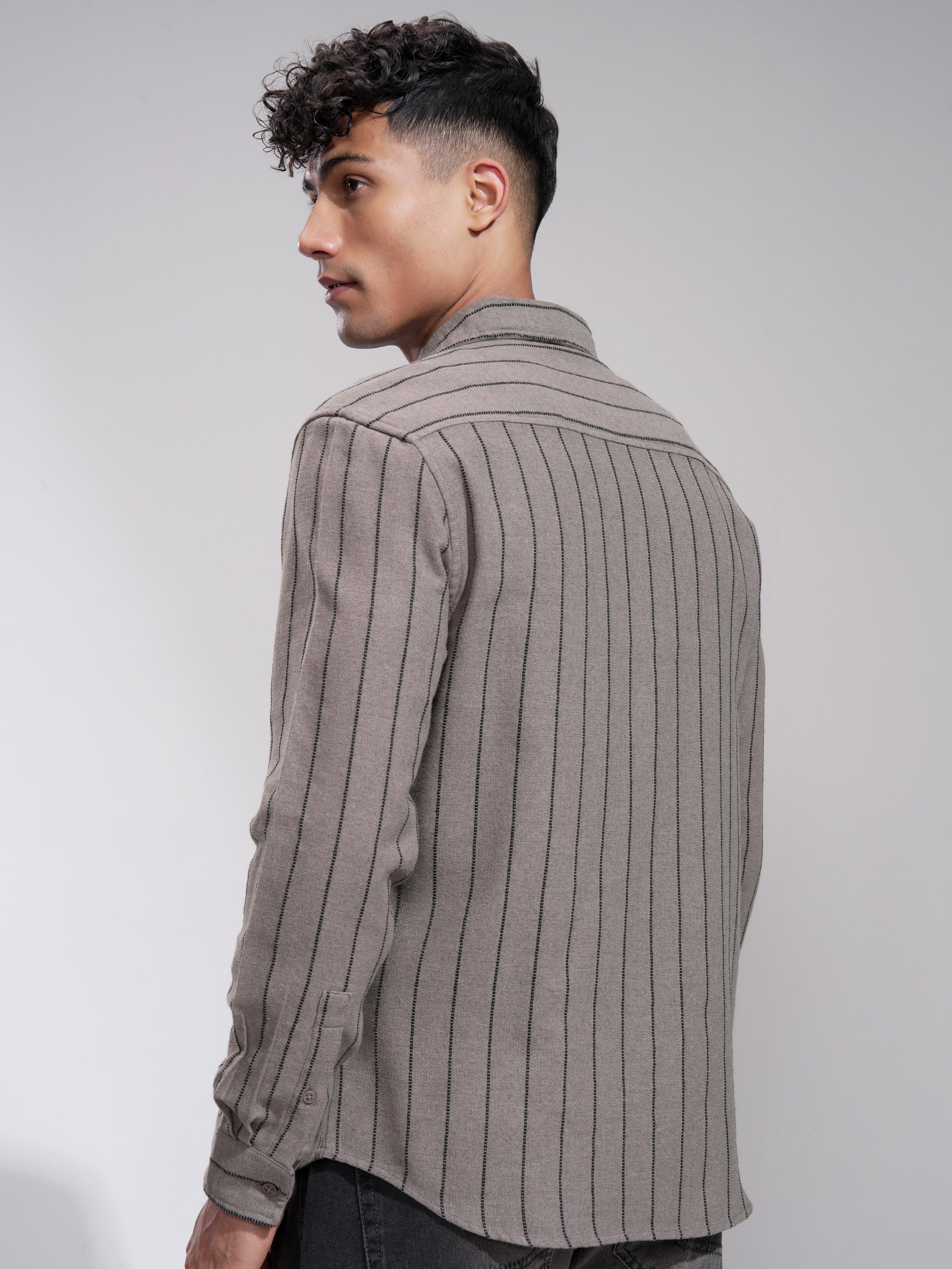 Highlander Men Khaki Striped Slim Fit Casual Shirt - Khaki - Image 3