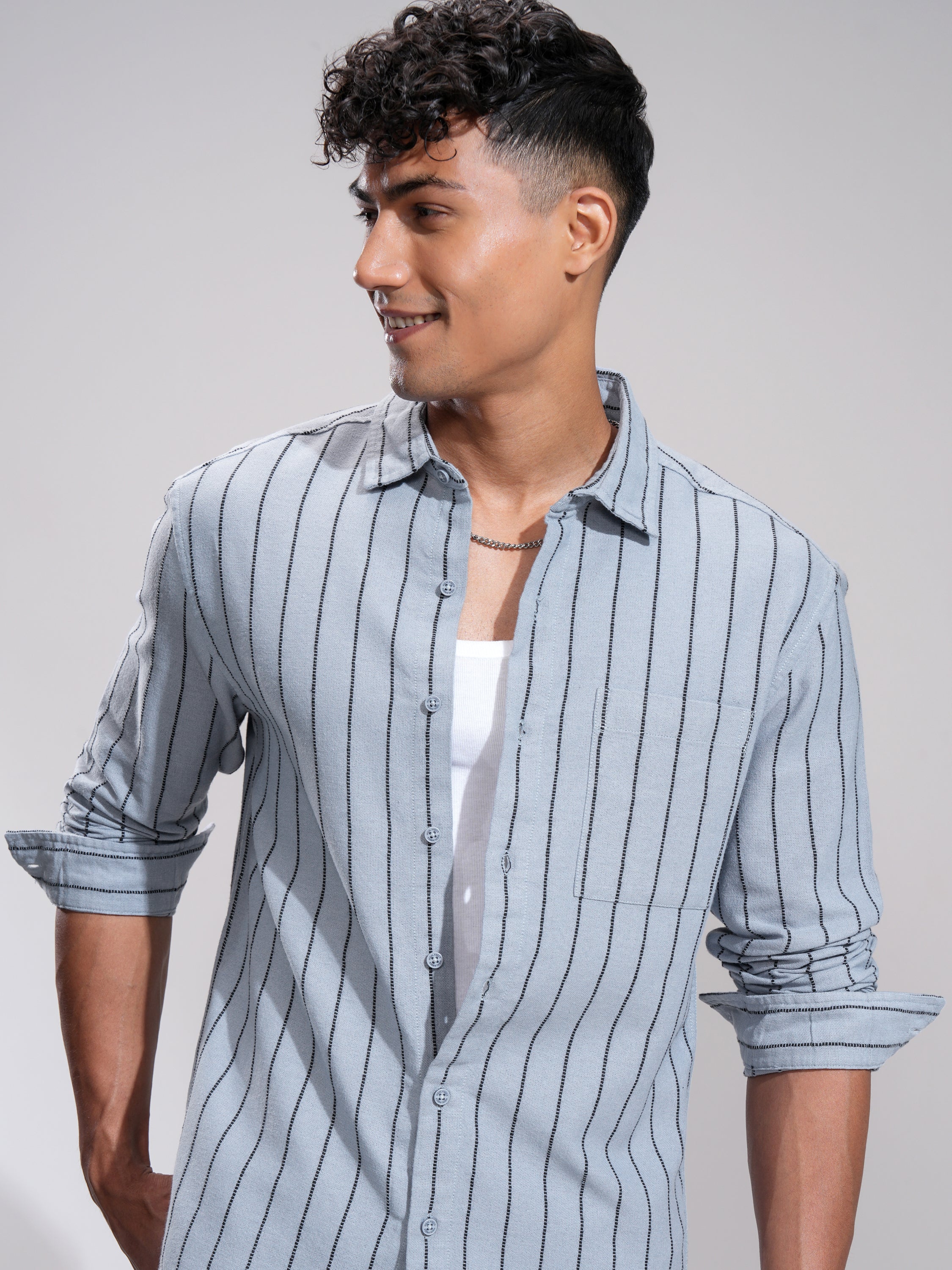 Highlander Men Blue Striped Slim Fit Casual Shirt - Blue - Image 1