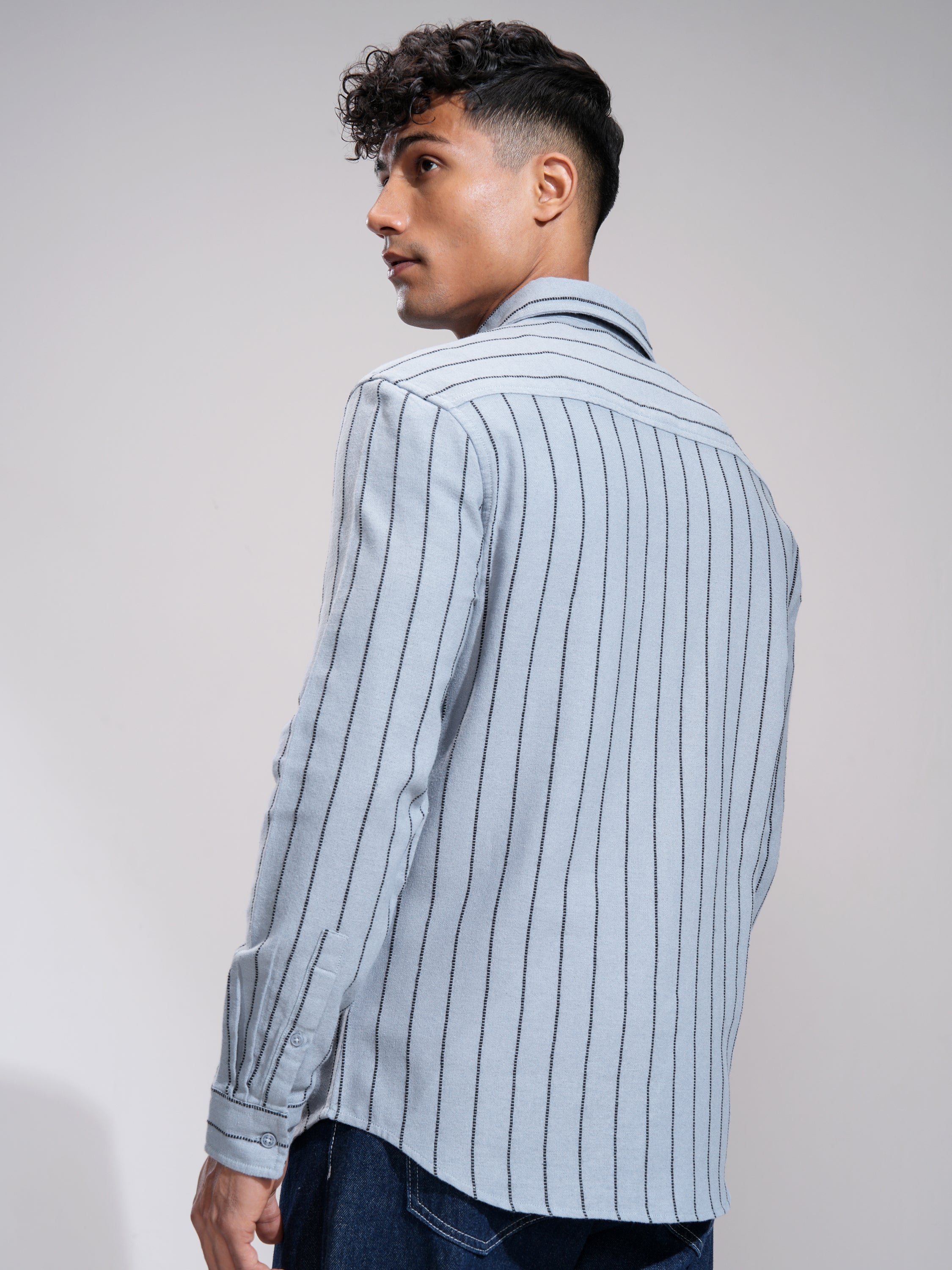 Highlander Men Blue Striped Slim Fit Casual Shirt - Blue - Image 3