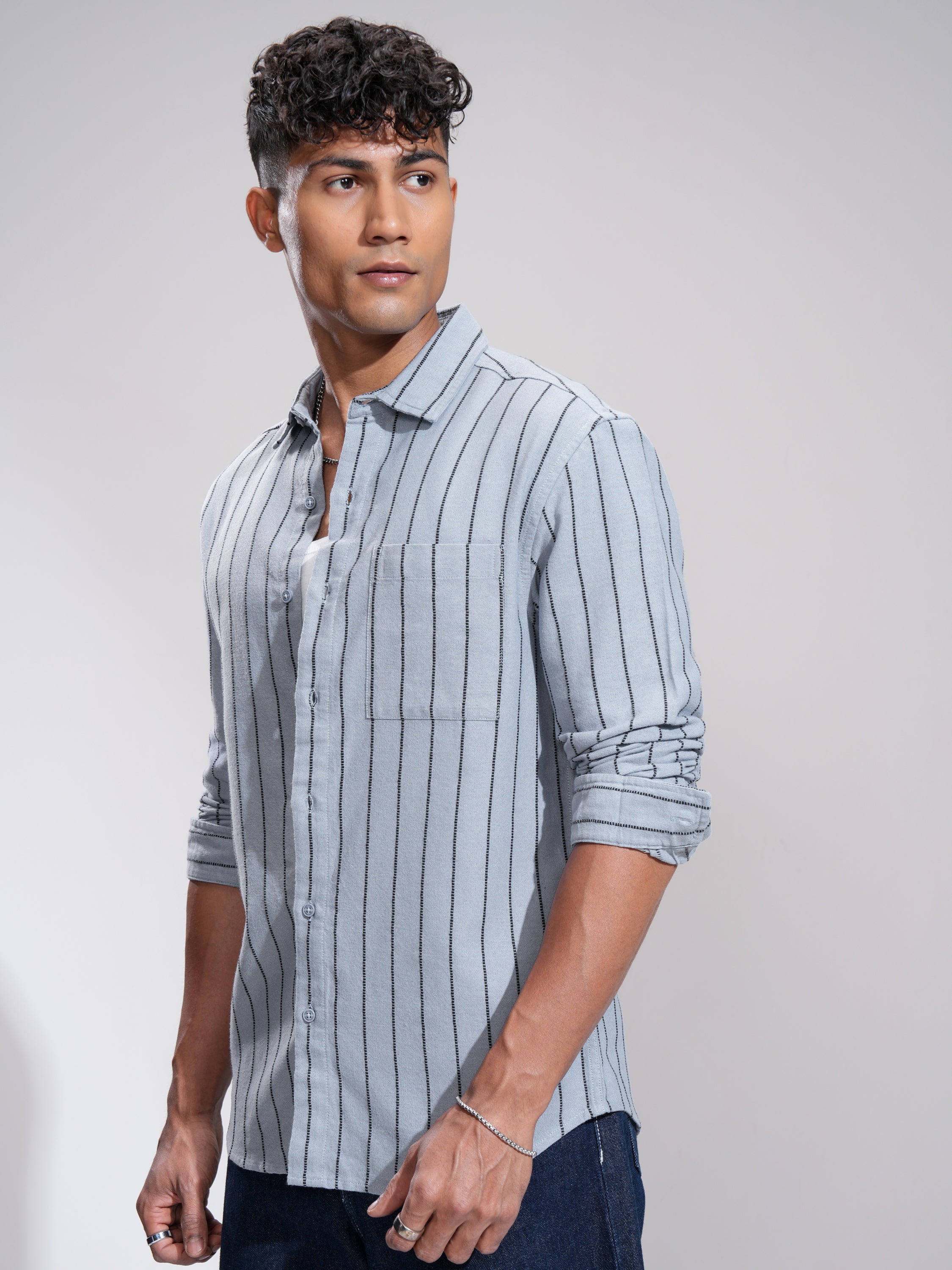 Highlander Men Blue Striped Slim Fit Casual Shirt - Blue - Image 4