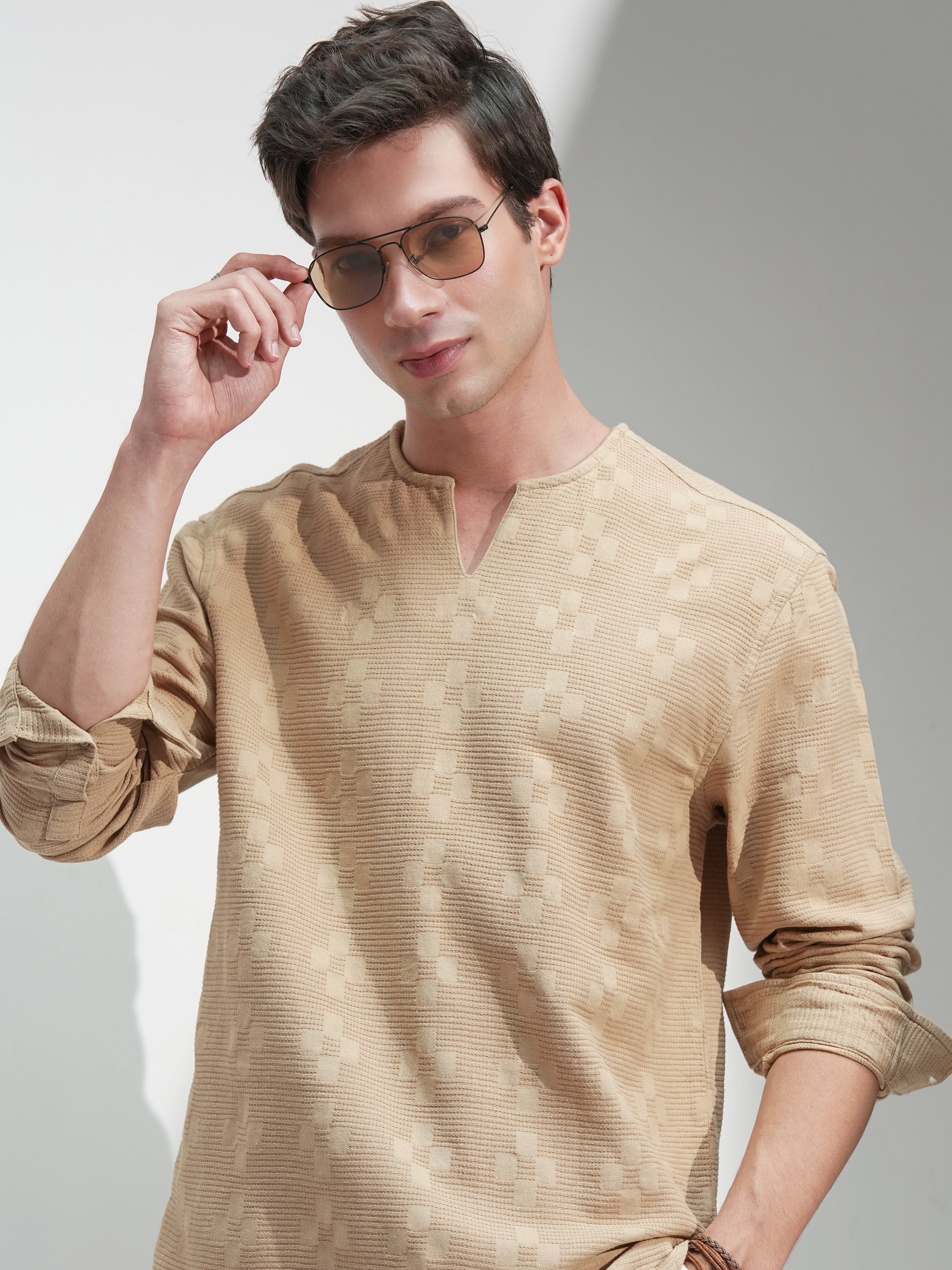 Highlander Men Beige Self Design Relaxed Fit Casual Shirt - Beige - Image 1