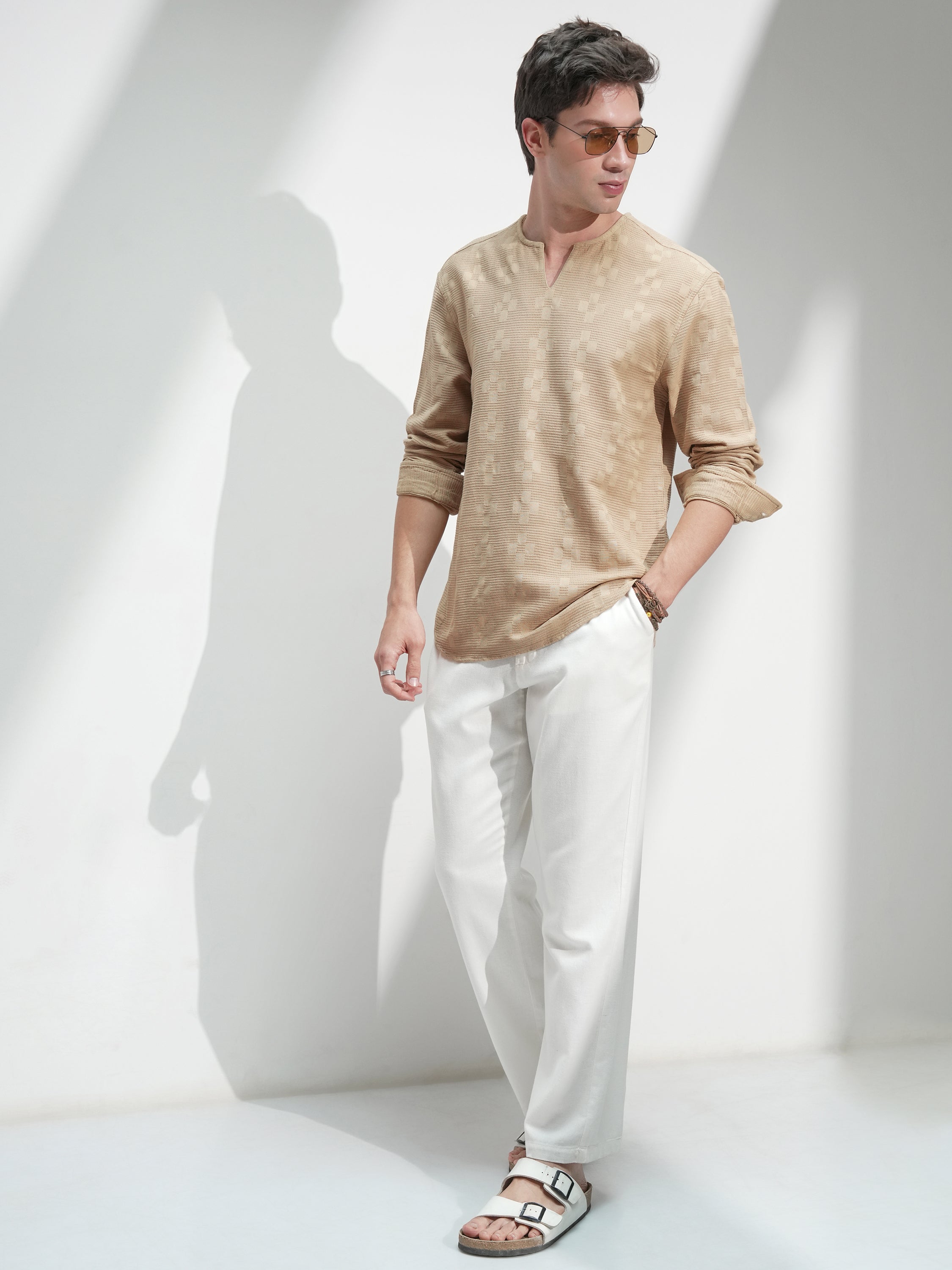 Highlander Men Beige Self Design Relaxed Fit Casual Shirt - Beige - Image 2