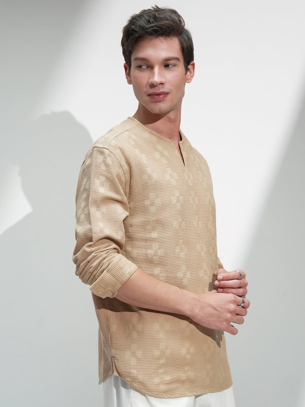 Highlander Men Beige Self Design Relaxed Fit Casual Shirt - Beige - Image 6