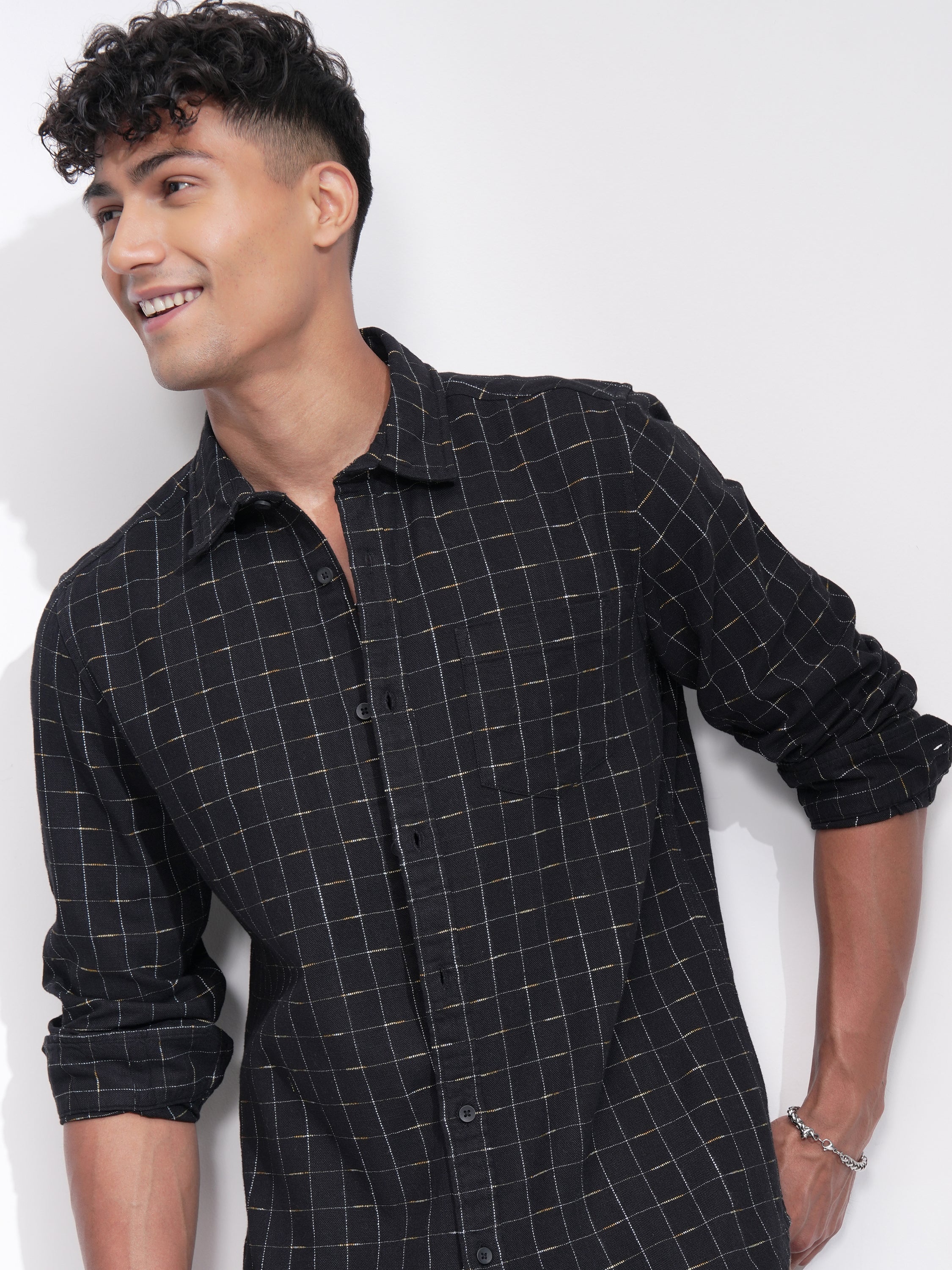 Highlander Men Black Self Design Slim Fit Casual Shirt - Black - Image 1
