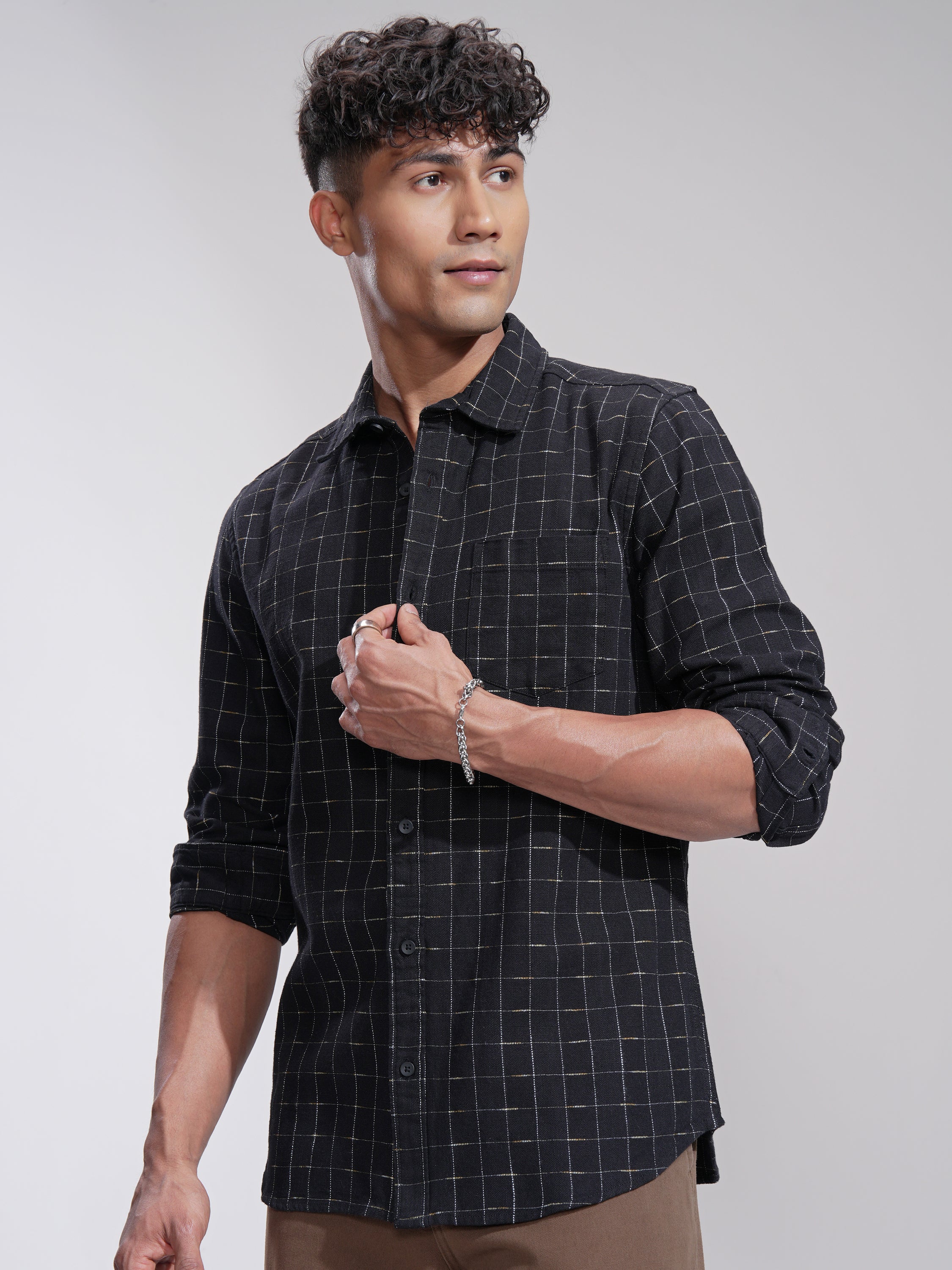 Highlander Men Black Self Design Slim Fit Casual Shirt - Black - Image 4