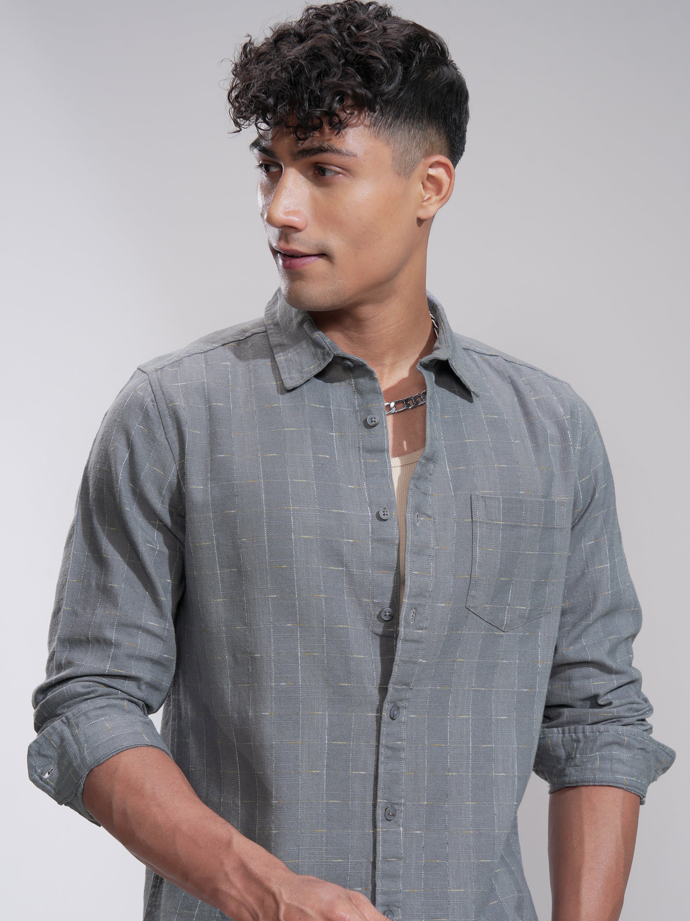 Highlander Men Grey Self Design Slim Fit Casual Shirt - Grey - Image 1