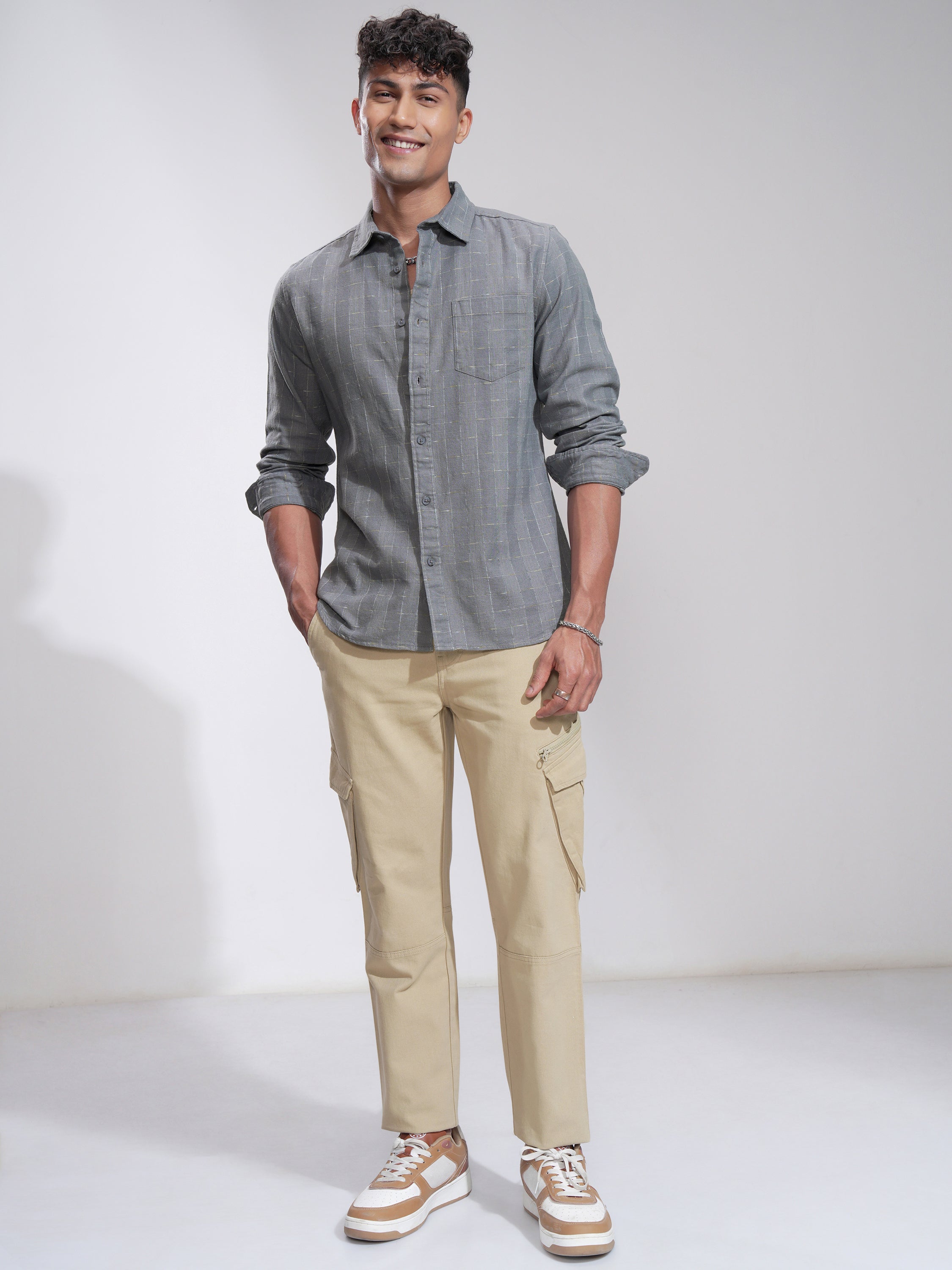 Highlander Men Grey Self Design Slim Fit Casual Shirt - Grey - Image 2