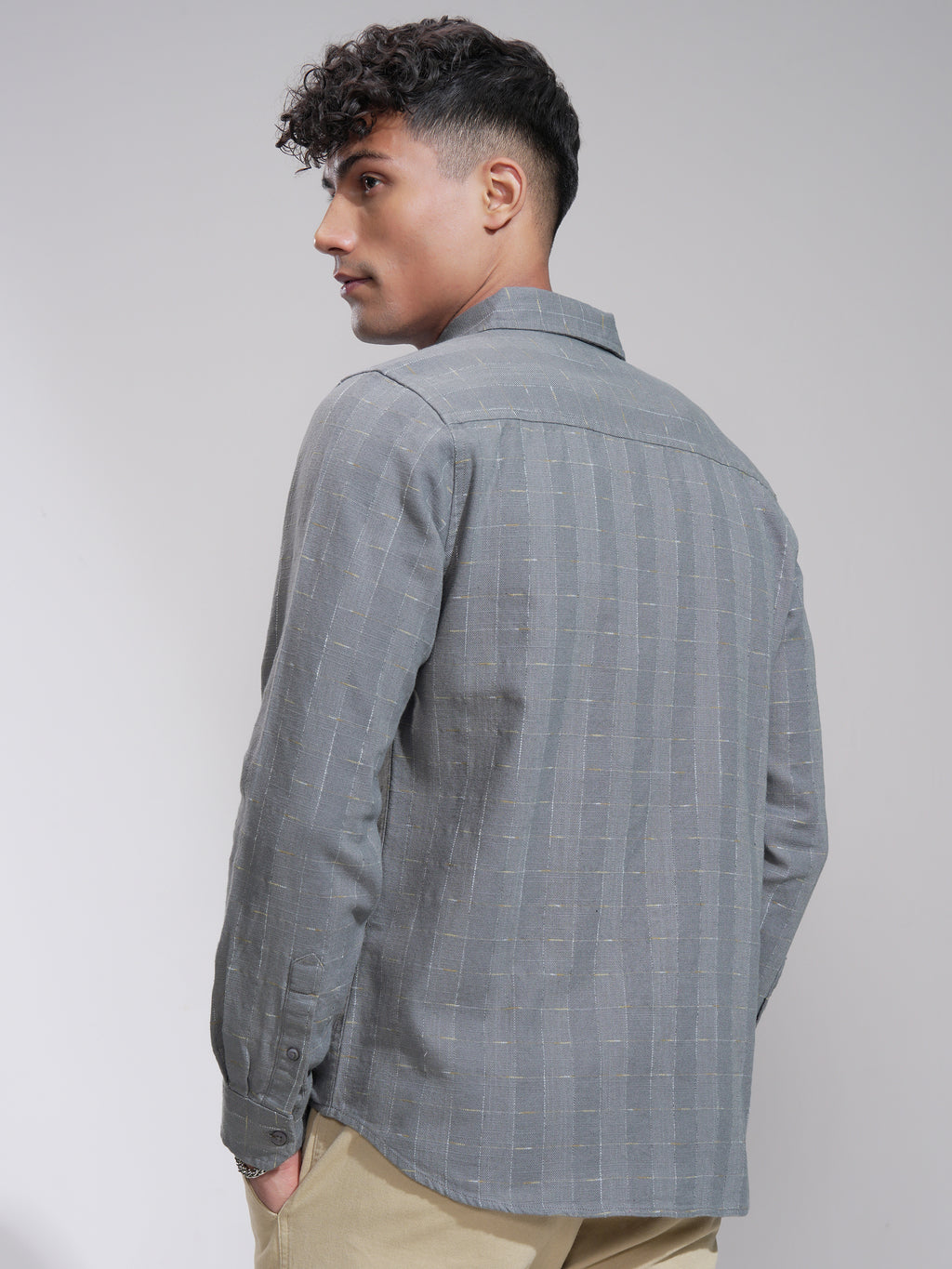 Highlander Men Grey Self Design Slim Fit Casual Shirt - Grey - Image 3