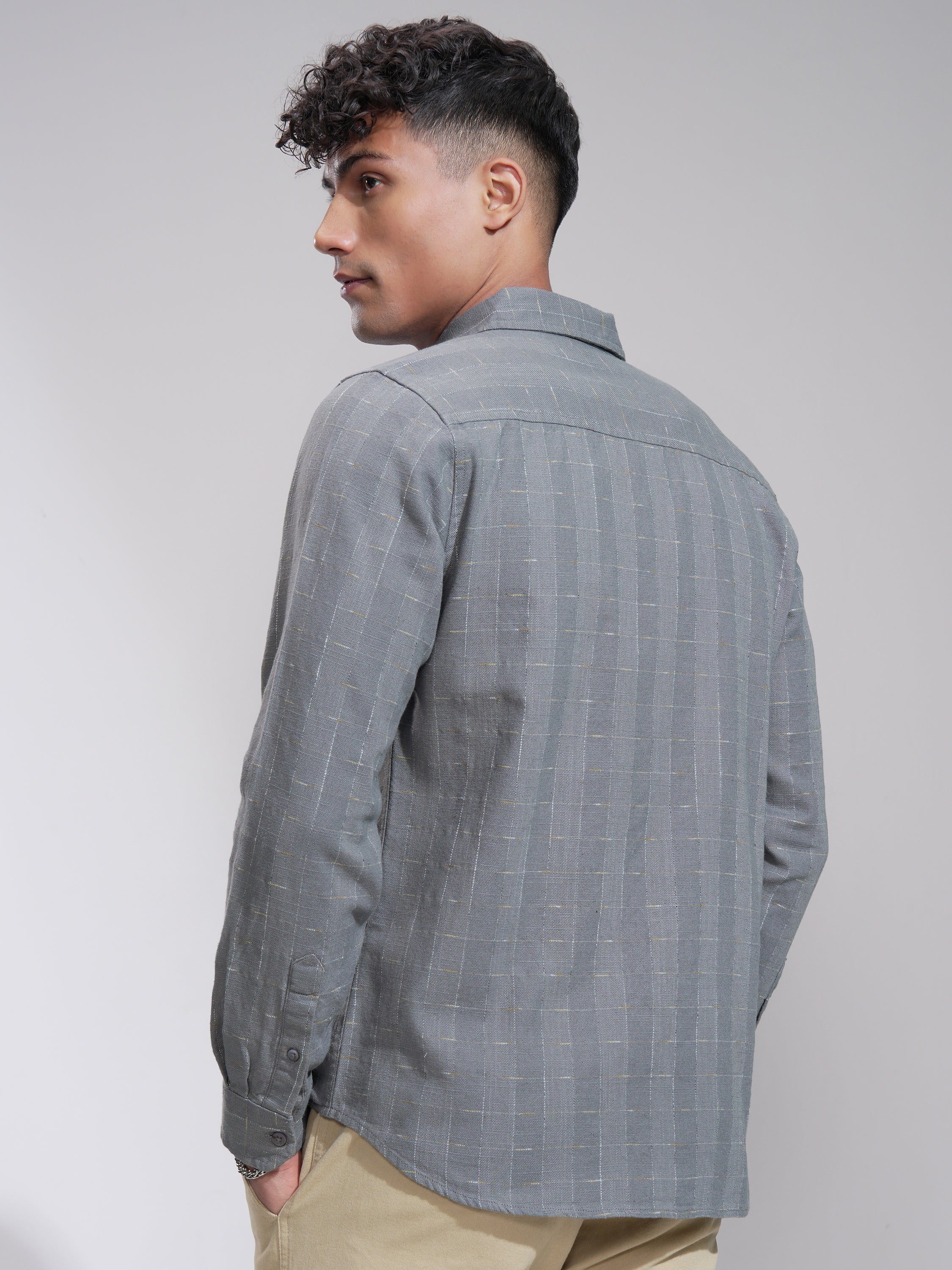 Highlander Men Grey Self Design Slim Fit Casual Shirt - Grey - Image 3