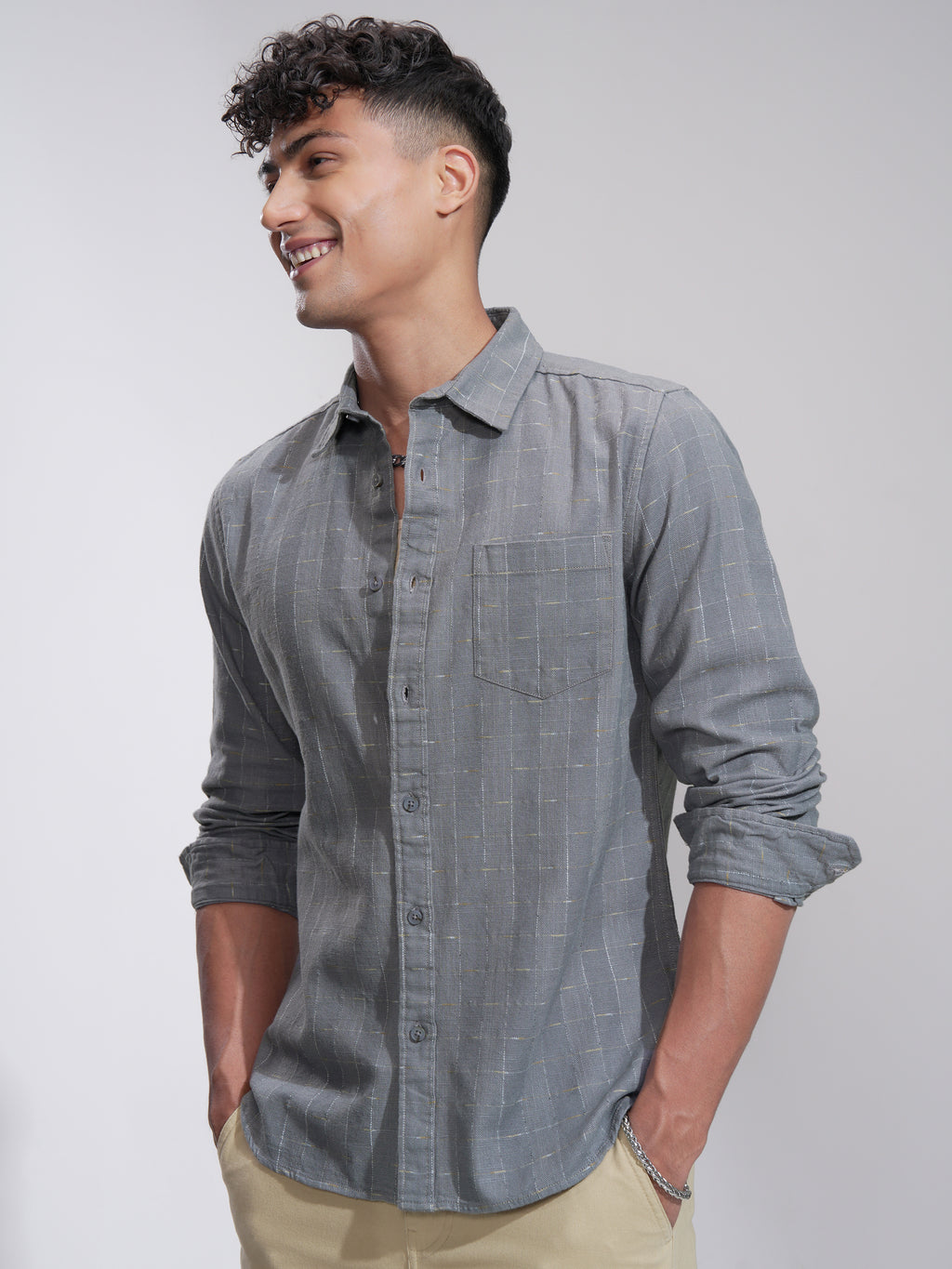 Highlander Men Grey Self Design Slim Fit Casual Shirt - Grey - Image 4