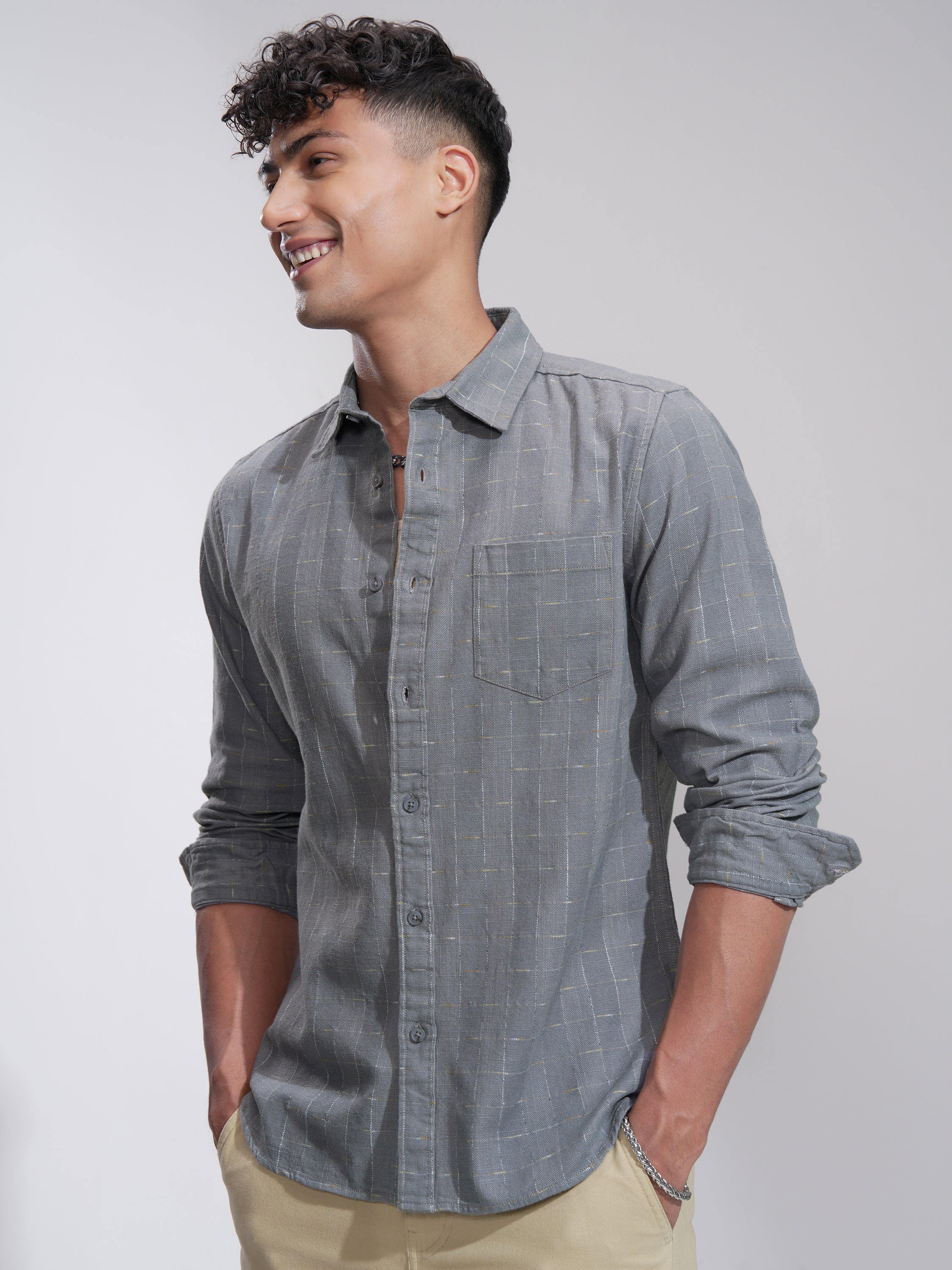 Highlander Men Grey Self Design Slim Fit Casual Shirt - Grey - Image 4