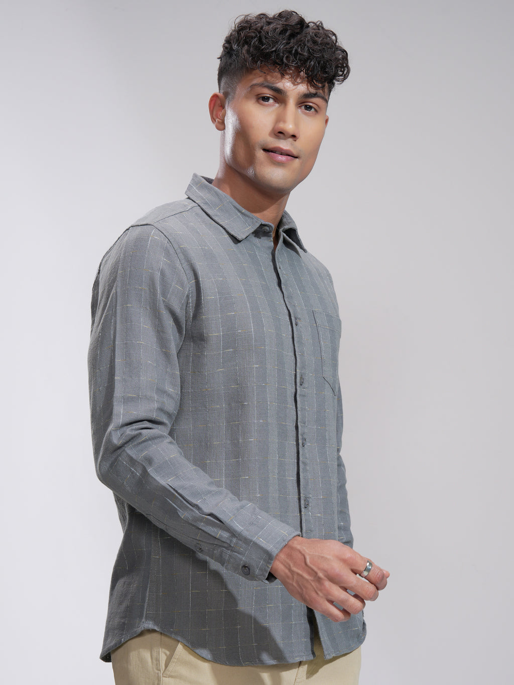 Highlander Men Grey Self Design Slim Fit Casual Shirt - Grey - Image 6
