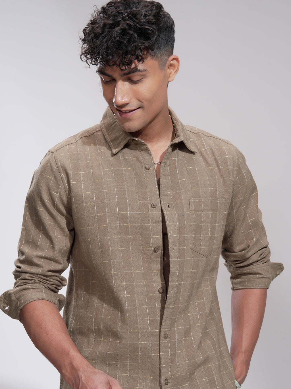 Highlander Men Khaki Textured Slim Fit Casual Shirt - Brown - Image 1
