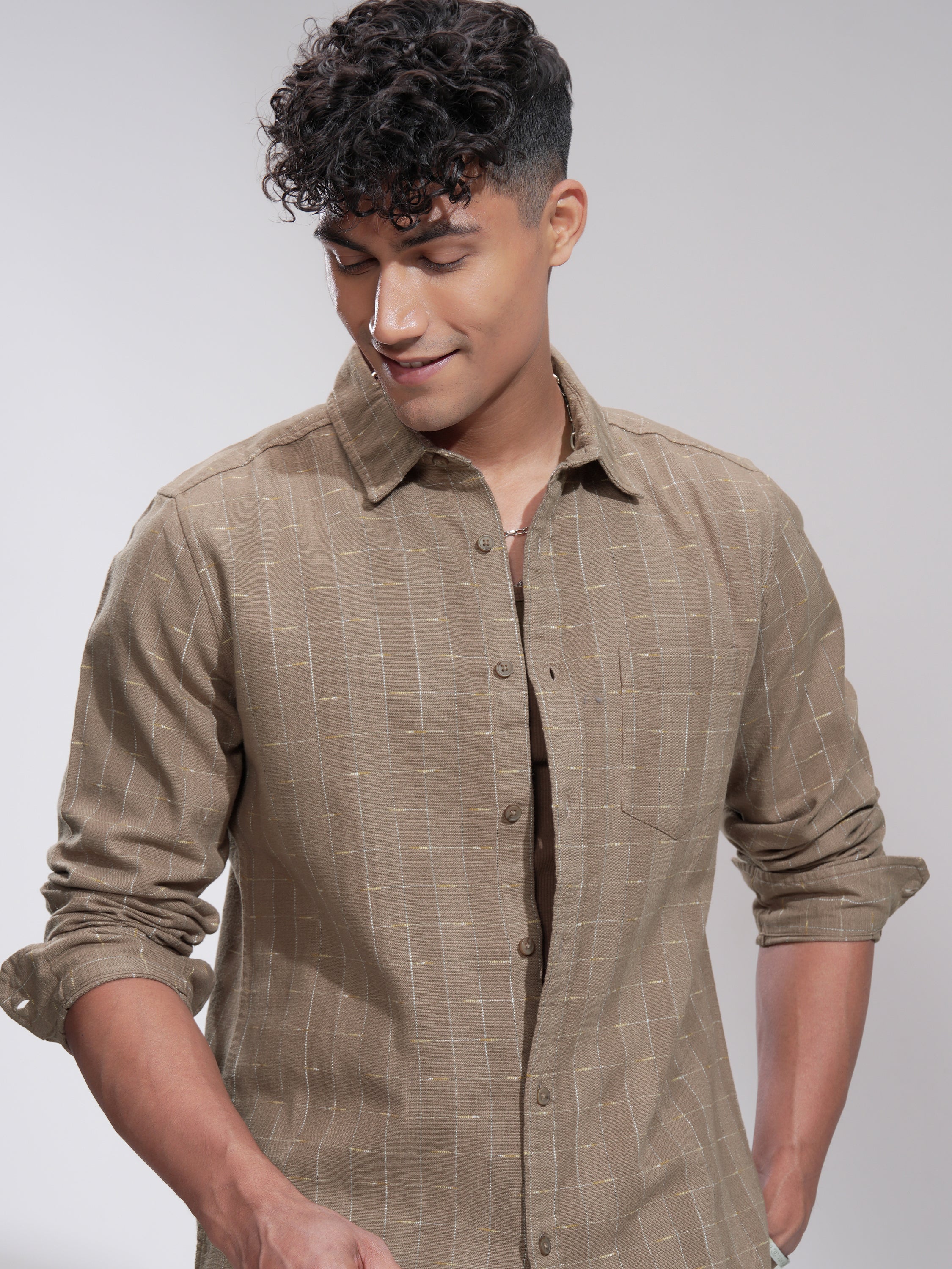 Highlander Men Khaki Textured Slim Fit Casual Shirt - Brown - Image 1