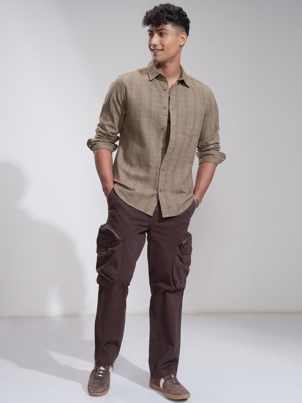 Highlander Men Khaki Textured Slim Fit Casual Shirt - Brown - Image 2