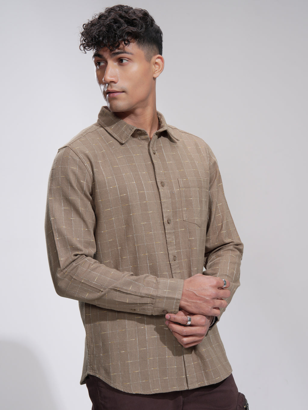 Highlander Men Khaki Textured Slim Fit Casual Shirt - Brown - Image 6