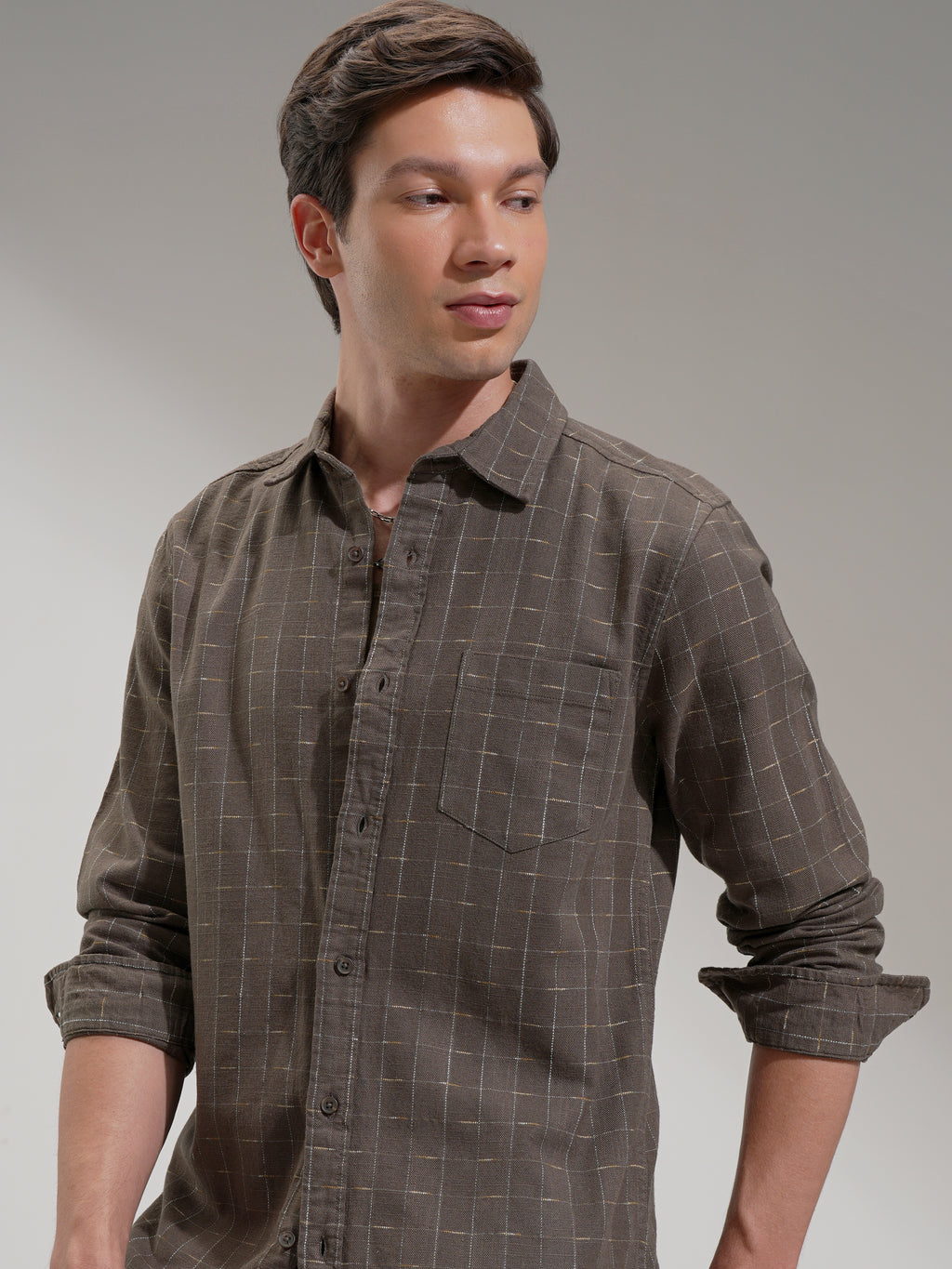 Highlander Men Tan Self Design Slim Fit Casual Shirt - Tan - Image 1