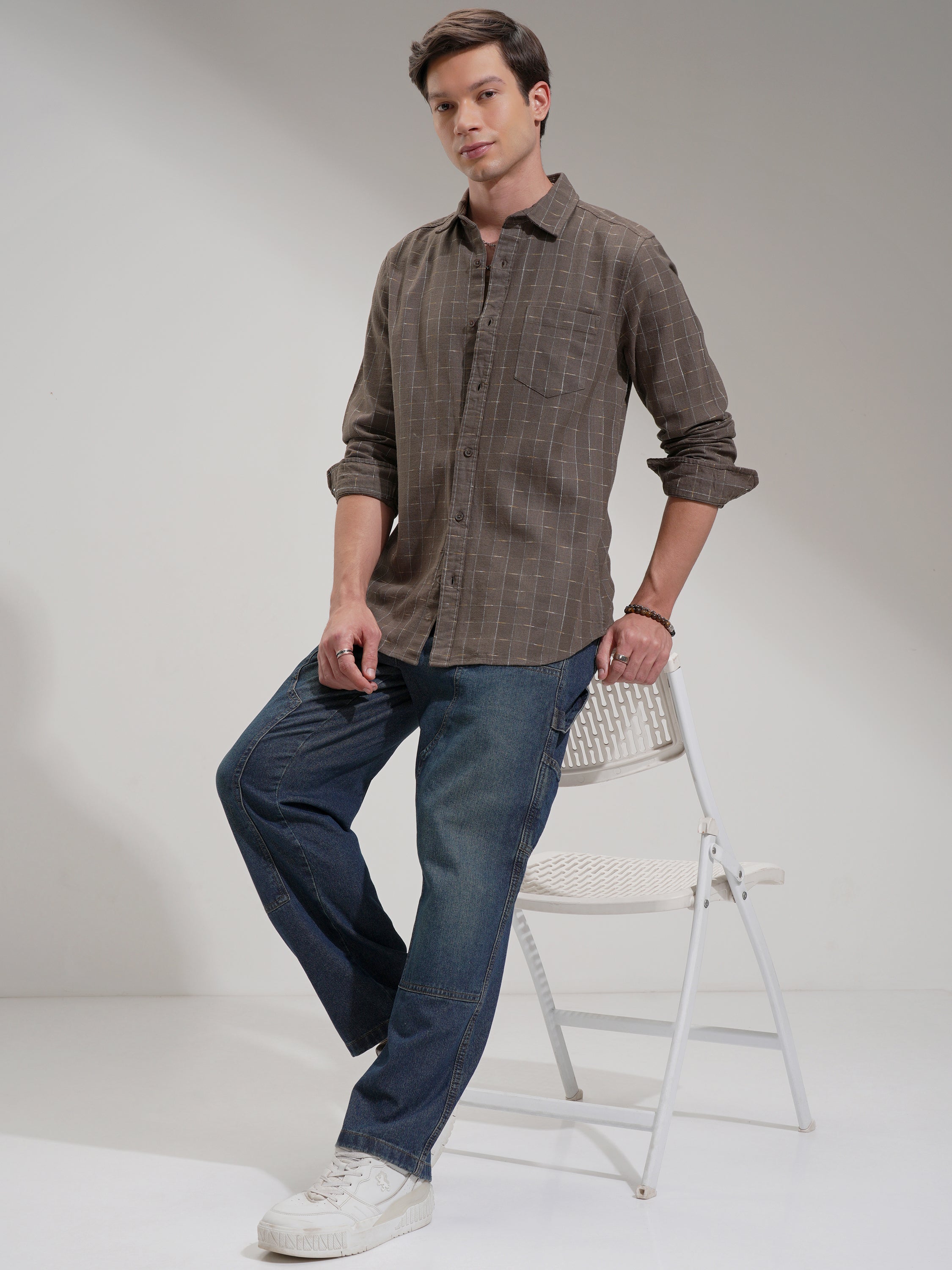 Highlander Men Tan Self Design Slim Fit Casual Shirt - Tan - Image 2