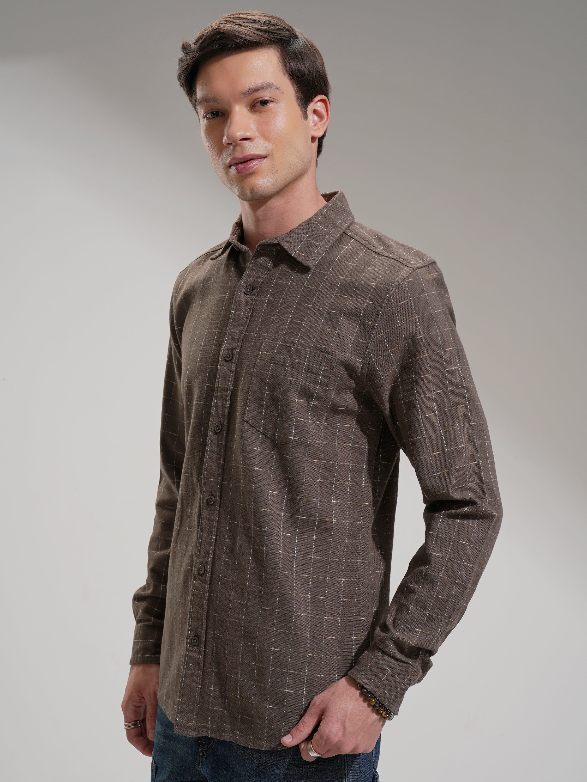 Highlander Men Tan Self Design Slim Fit Casual Shirt - Tan - Image 4