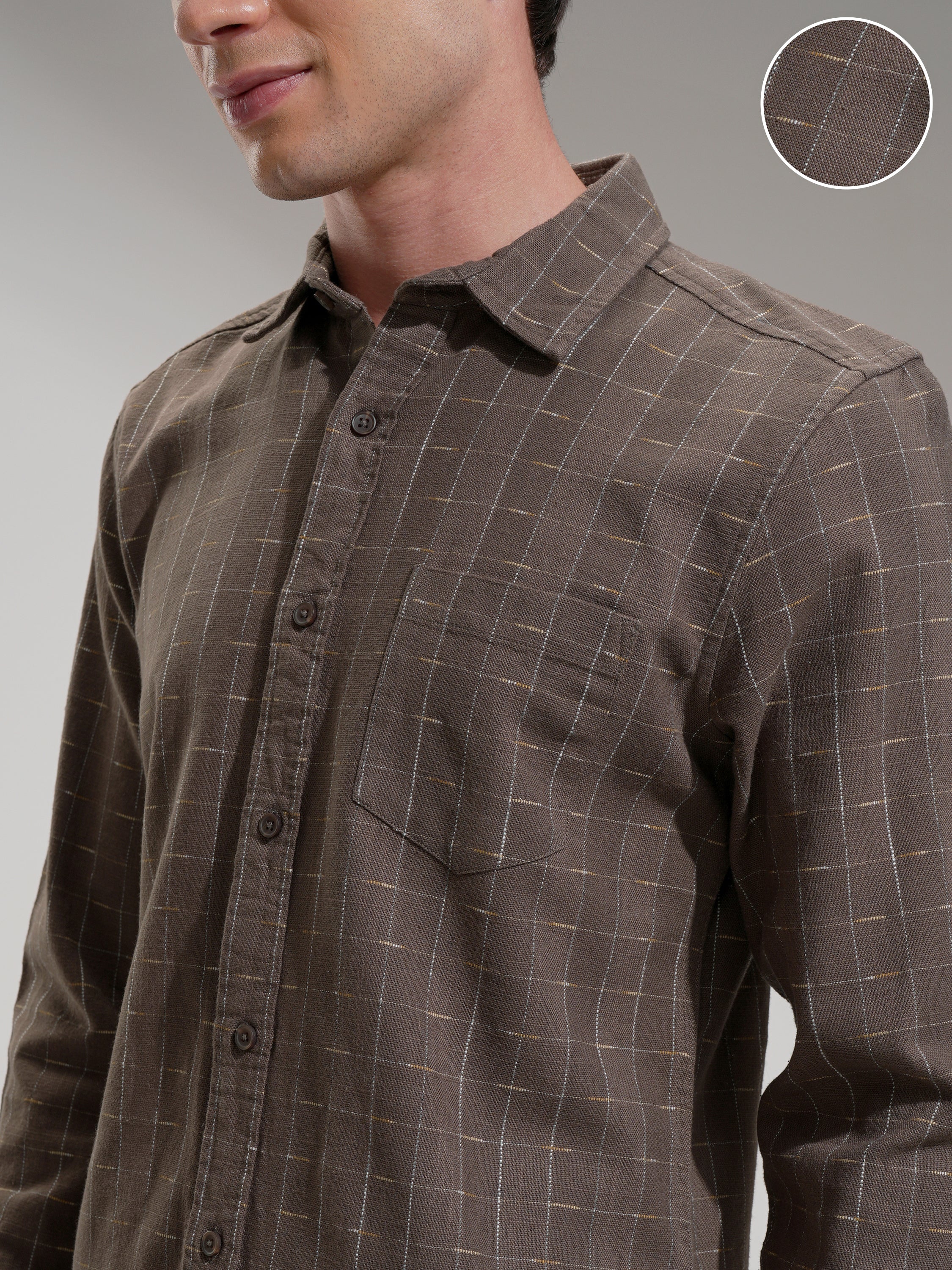 Highlander Men Tan Self Design Slim Fit Casual Shirt - Tan - Image 5