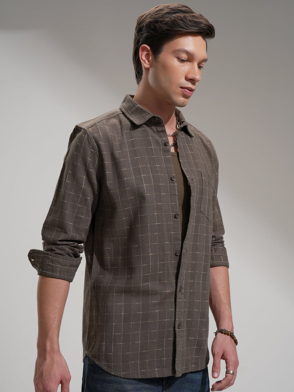 Highlander Men Tan Self Design Slim Fit Casual Shirt - Tan - Image 6