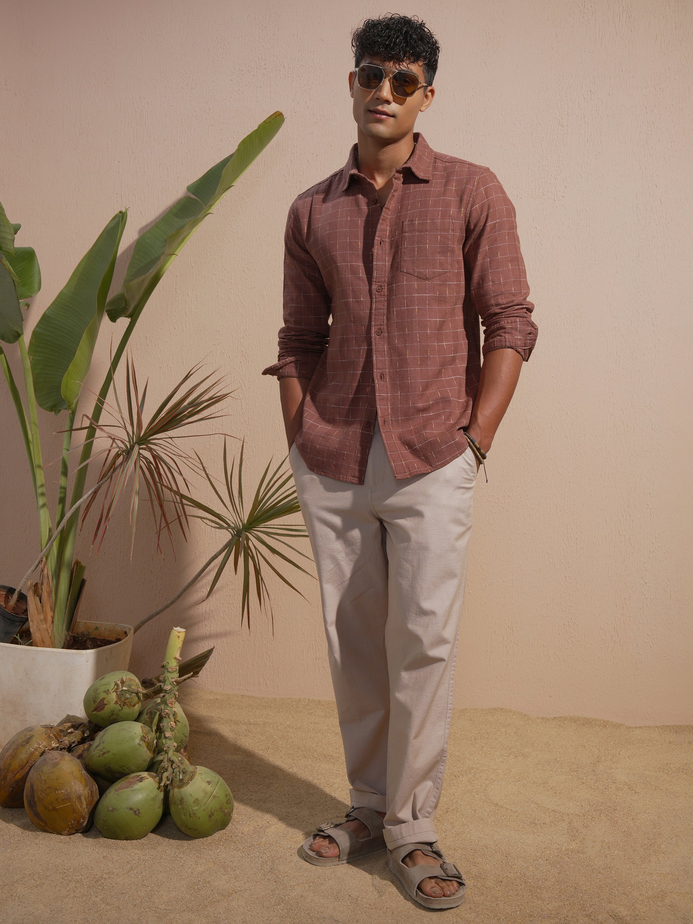 Highlander Men Rust Checked Slim Fit Casual Shirt - Rust - Image 2