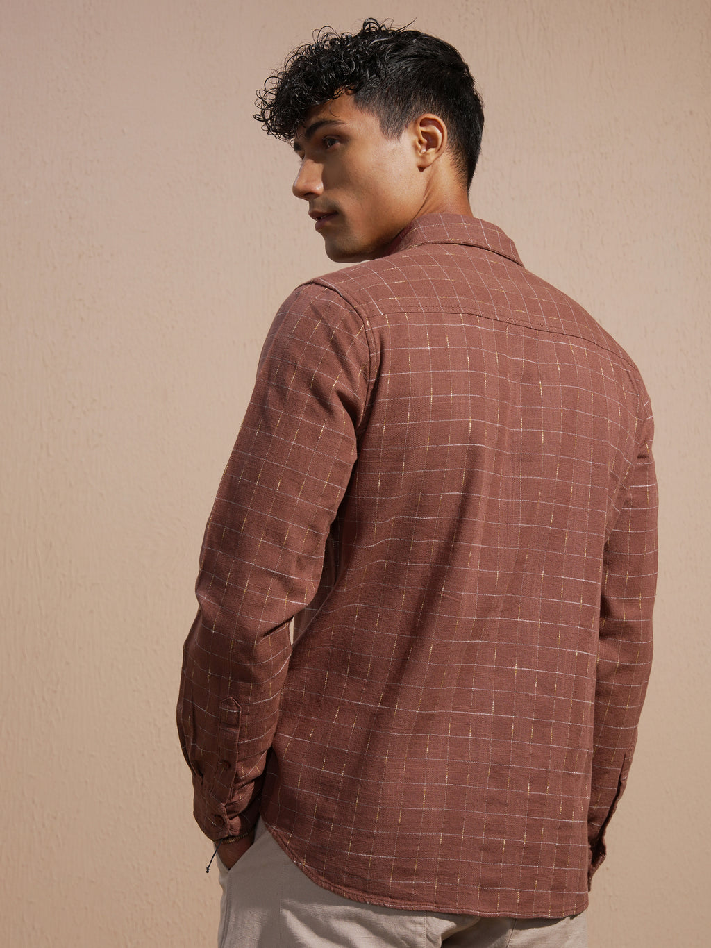 Highlander Men Rust Checked Slim Fit Casual Shirt - Rust - Image 3