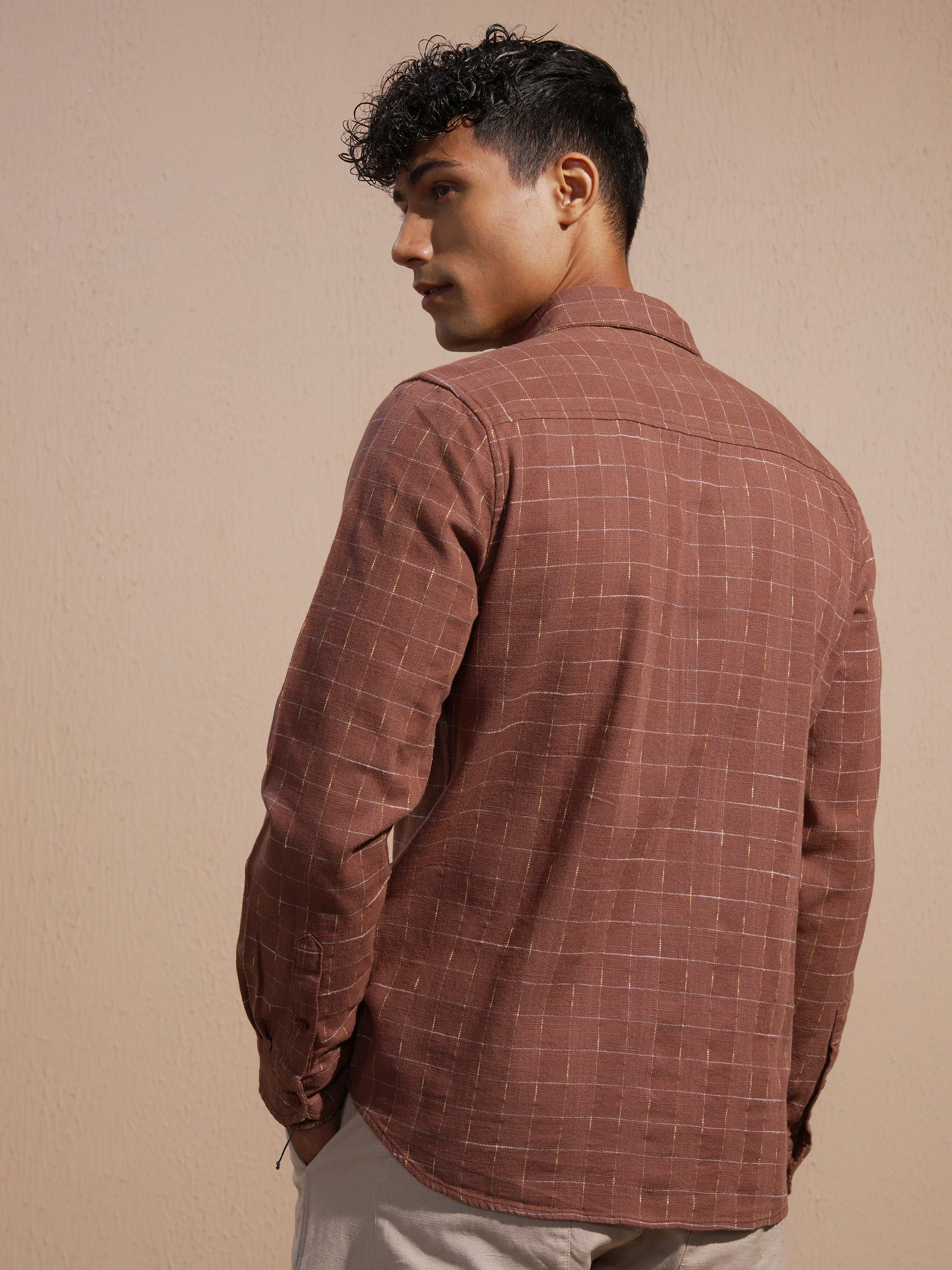 Highlander Men Rust Checked Slim Fit Casual Shirt - Rust - Image 3