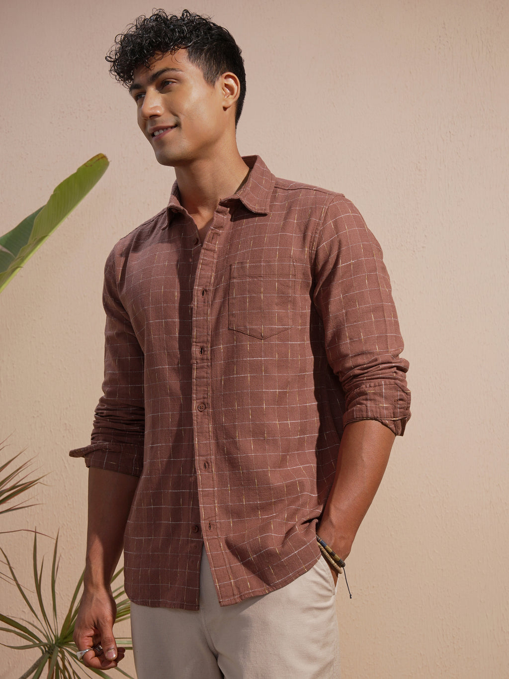 Highlander Men Rust Checked Slim Fit Casual Shirt - Rust - Image 4