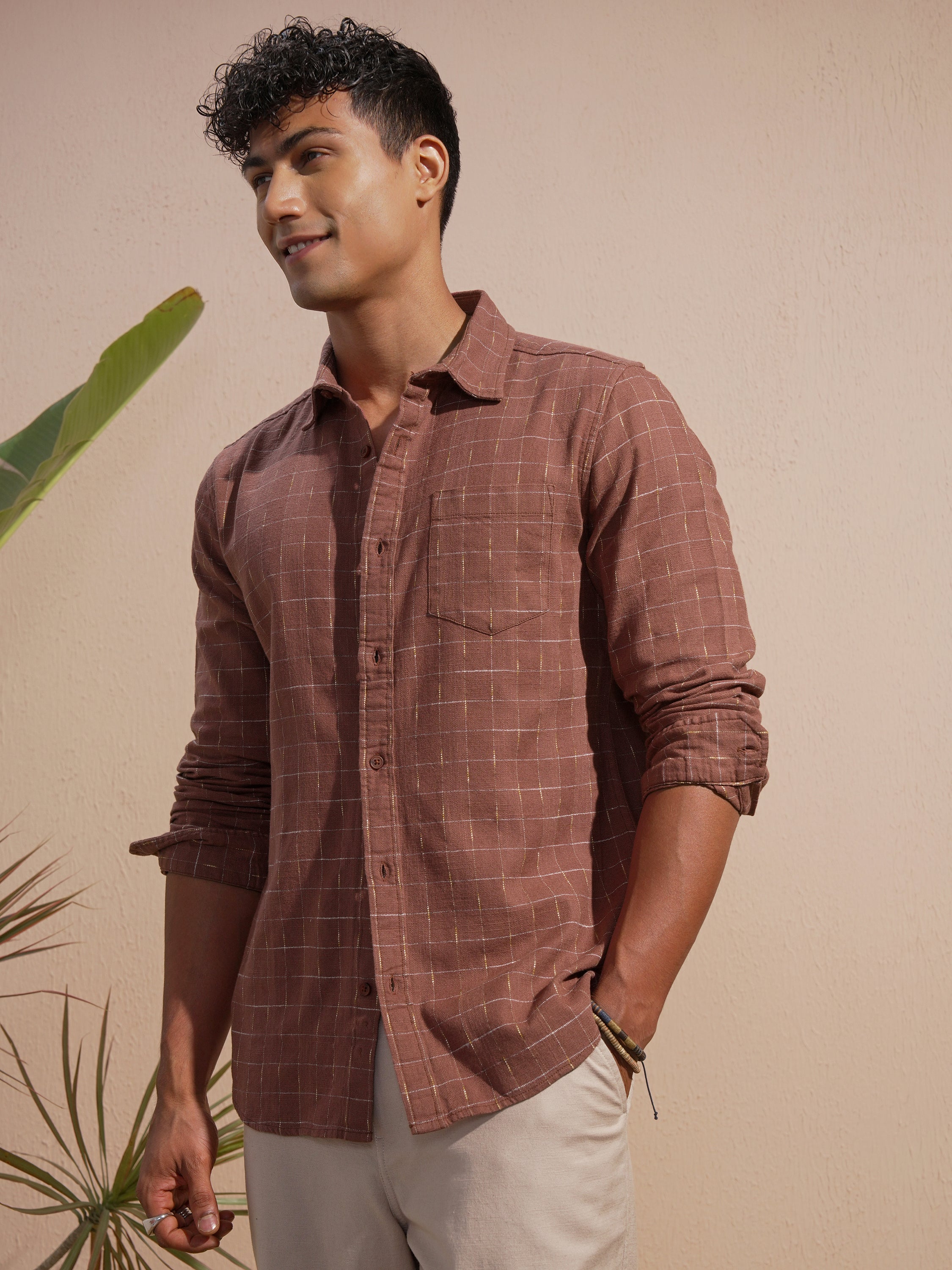 Highlander Men Rust Checked Slim Fit Casual Shirt - Rust - Image 4