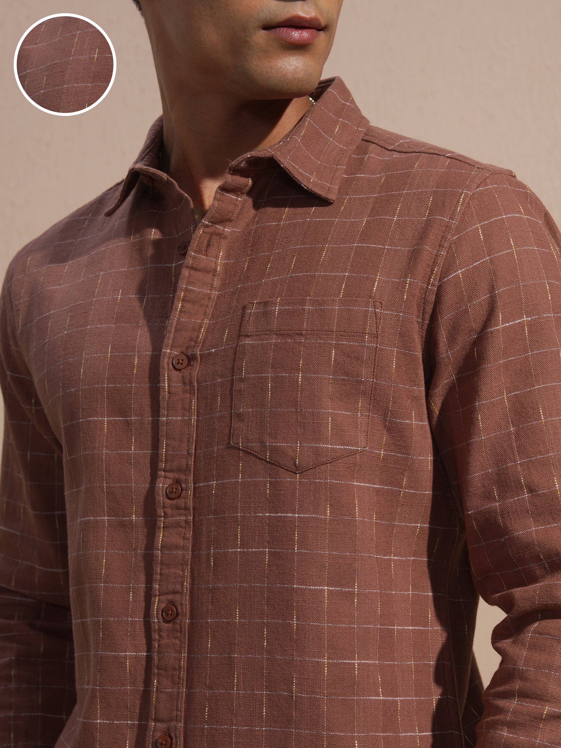 Highlander Men Rust Checked Slim Fit Casual Shirt - Rust - Image 5