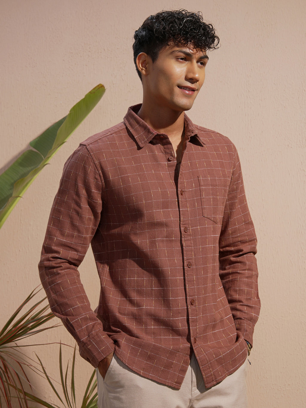 Highlander Men Rust Checked Slim Fit Casual Shirt - Rust - Image 6