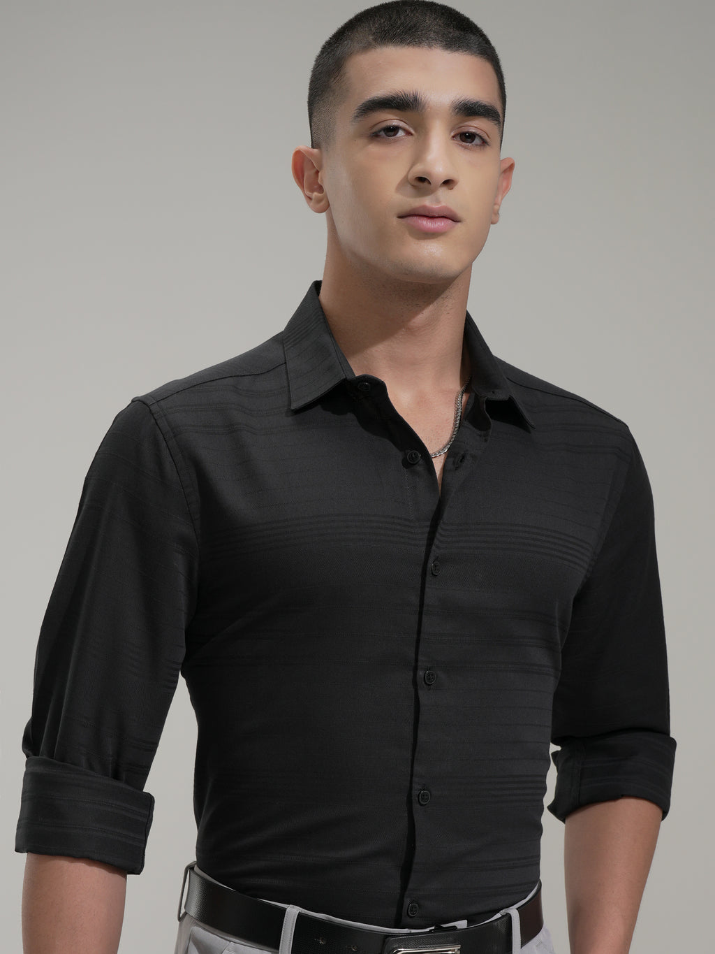 Highlander Men Black Striped Slim Fit Casual Shirt - Black - Image 1