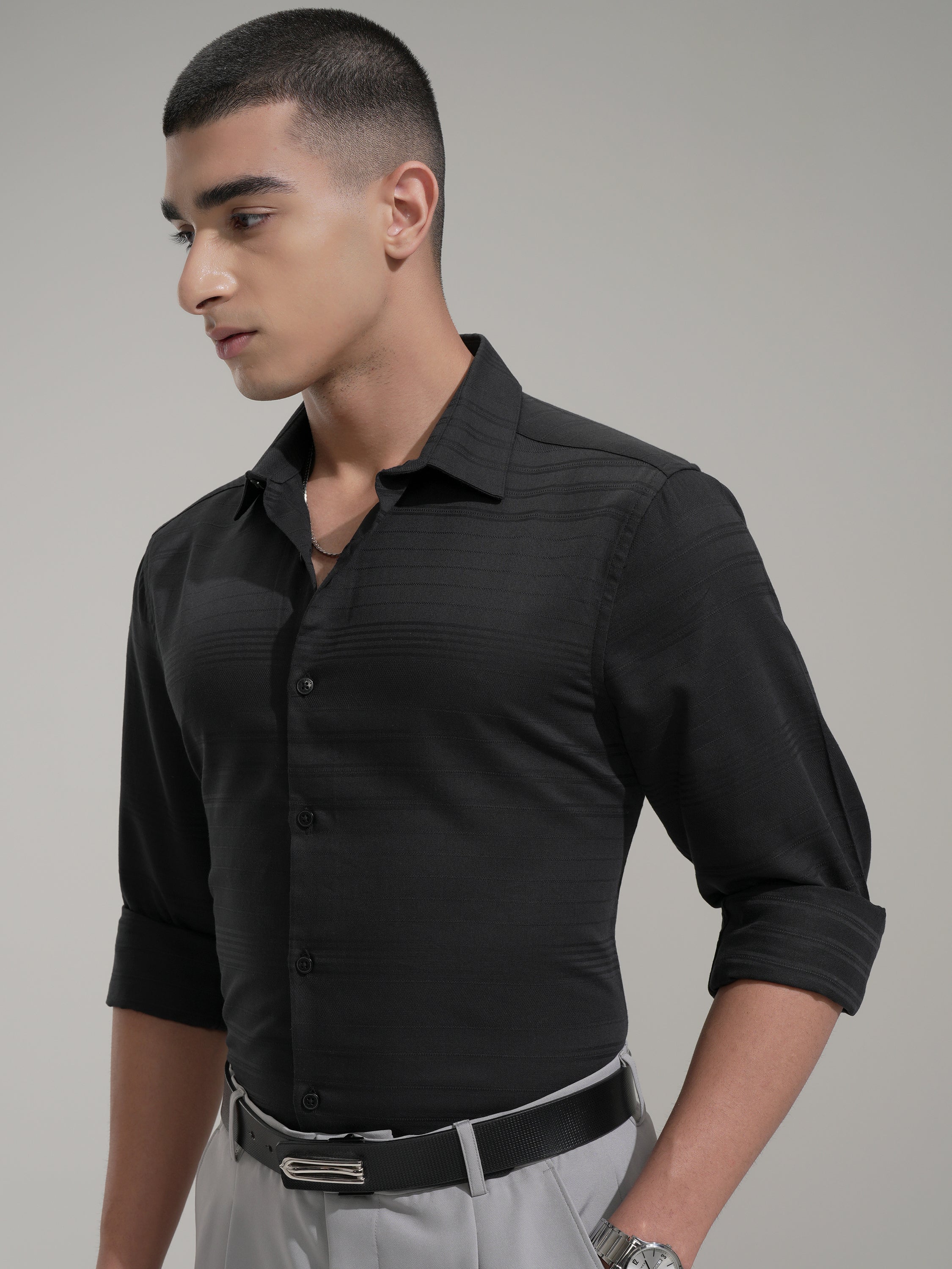 Highlander Men Black Striped Slim Fit Casual Shirt - Black - Image 4