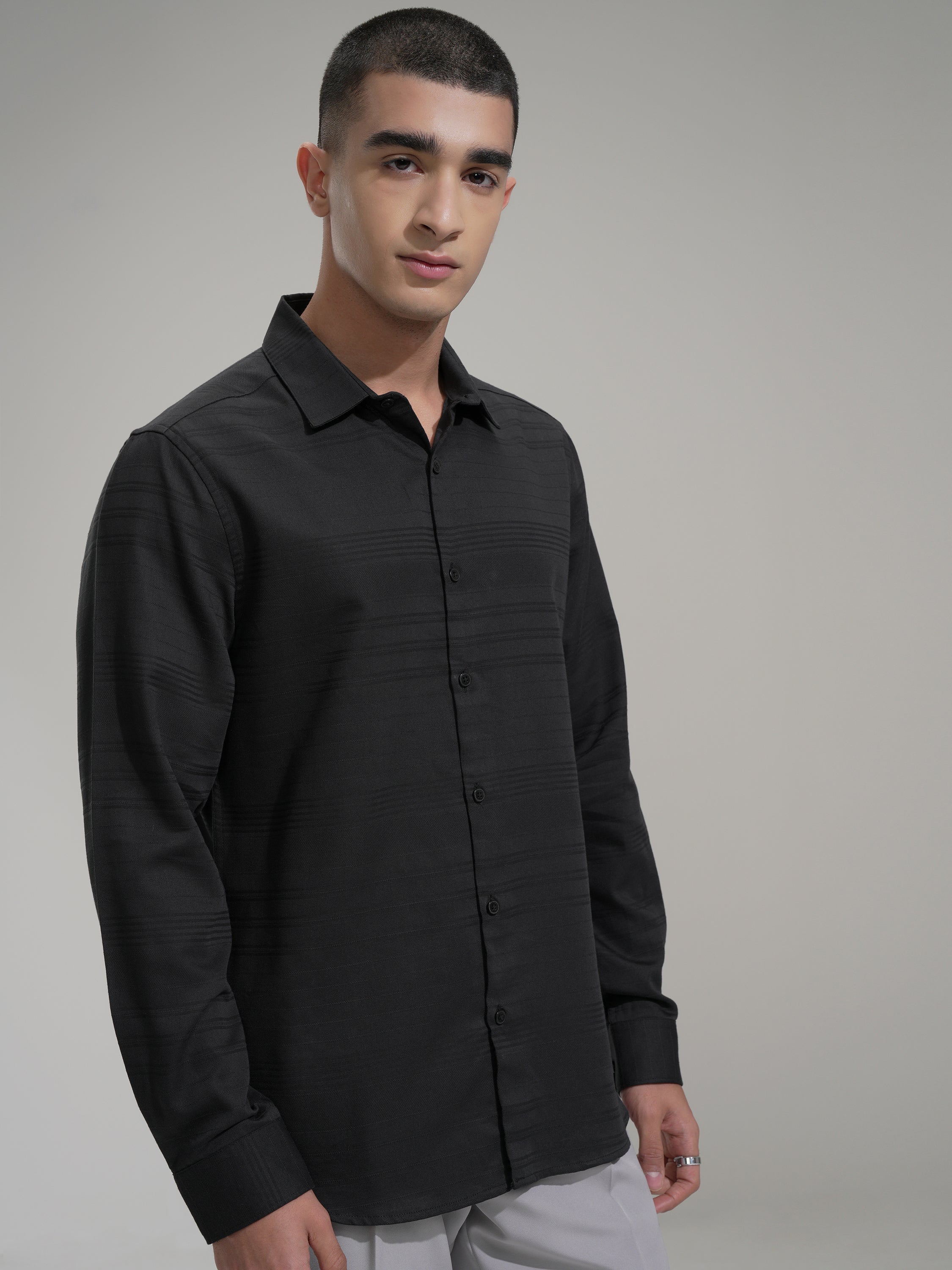Highlander Men Black Striped Slim Fit Casual Shirt - Black - Image 6