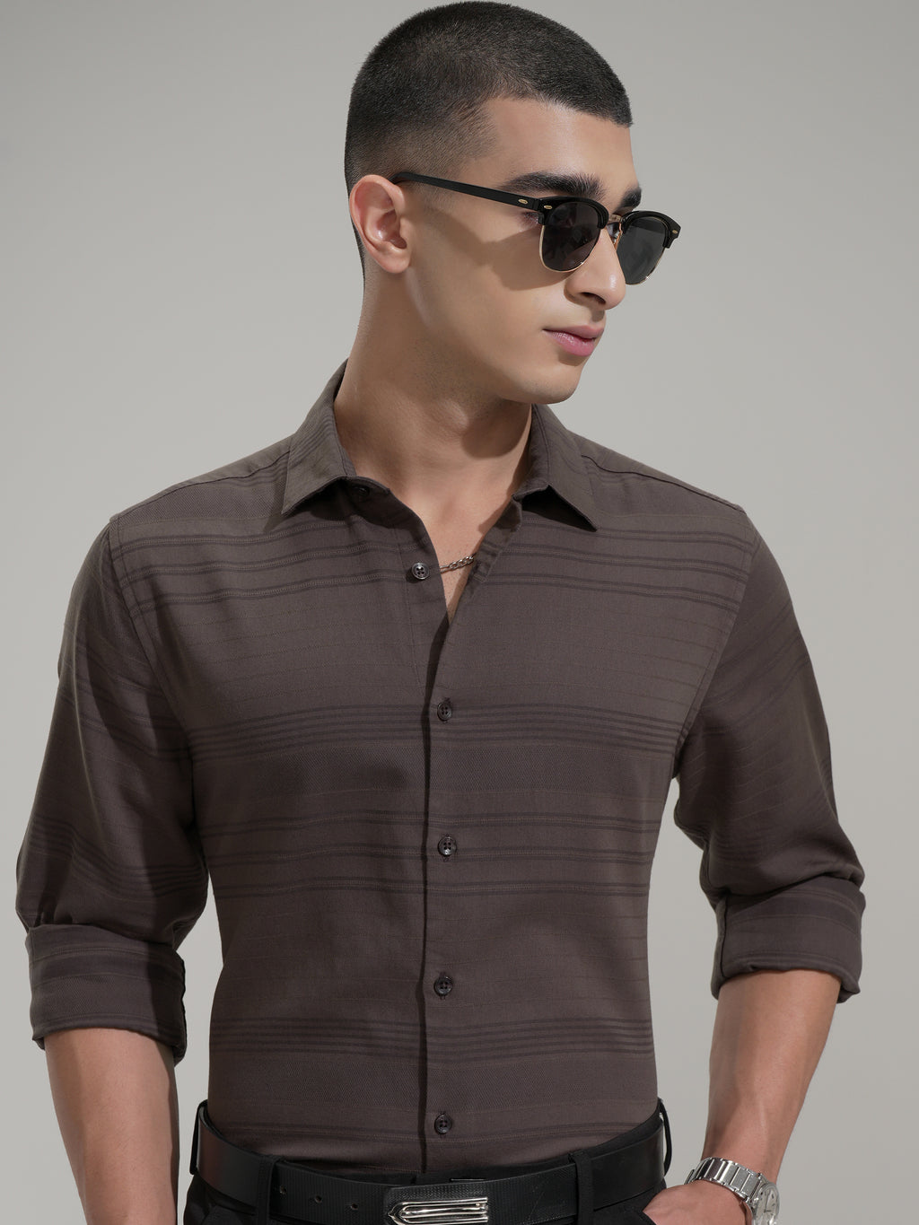 Highlander Men Brown Striped Slim Fit Casual Shirt - Coffee Brown - Image 1