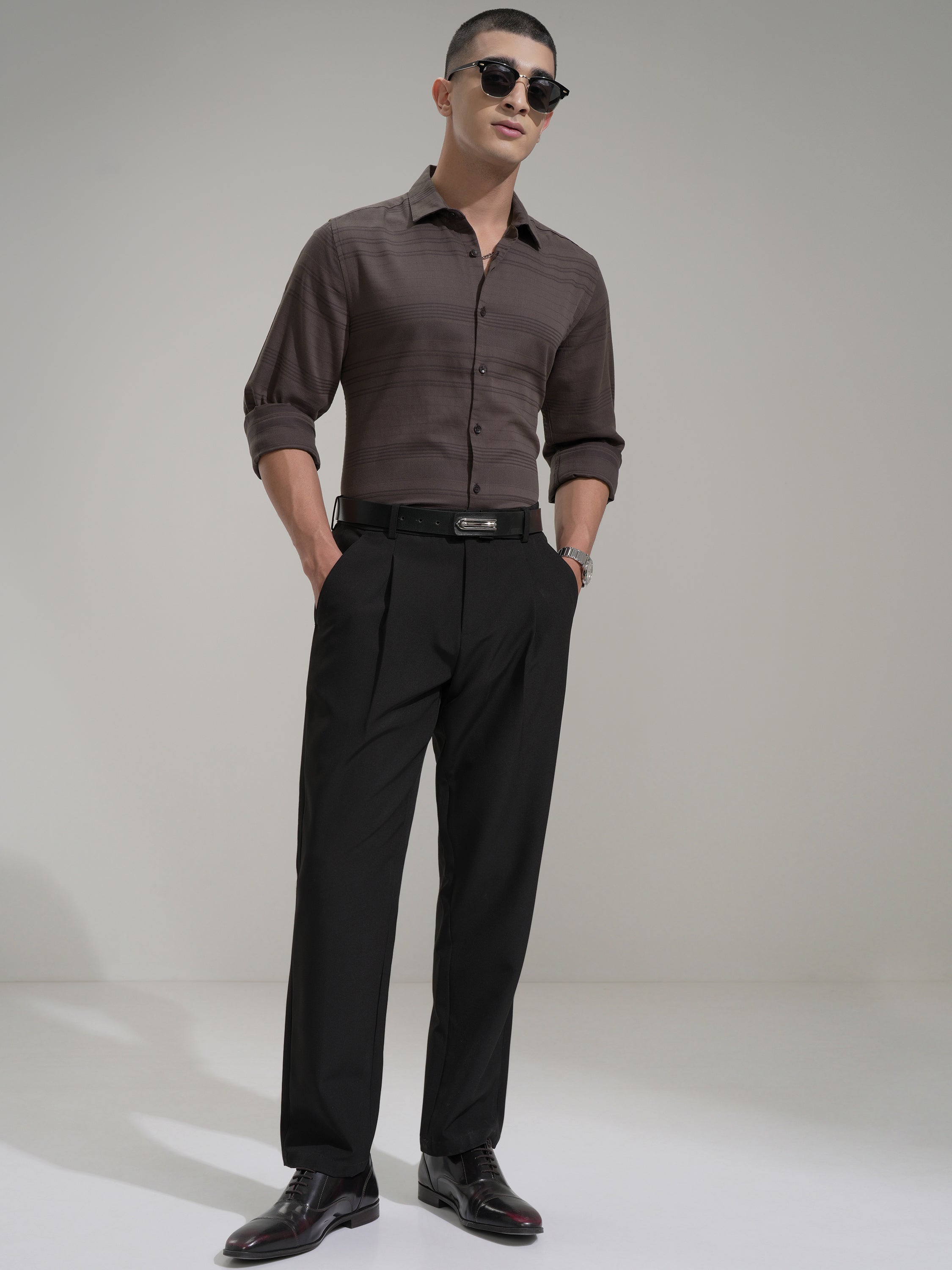 Highlander Men Brown Striped Slim Fit Casual Shirt - Coffee Brown - Image 2