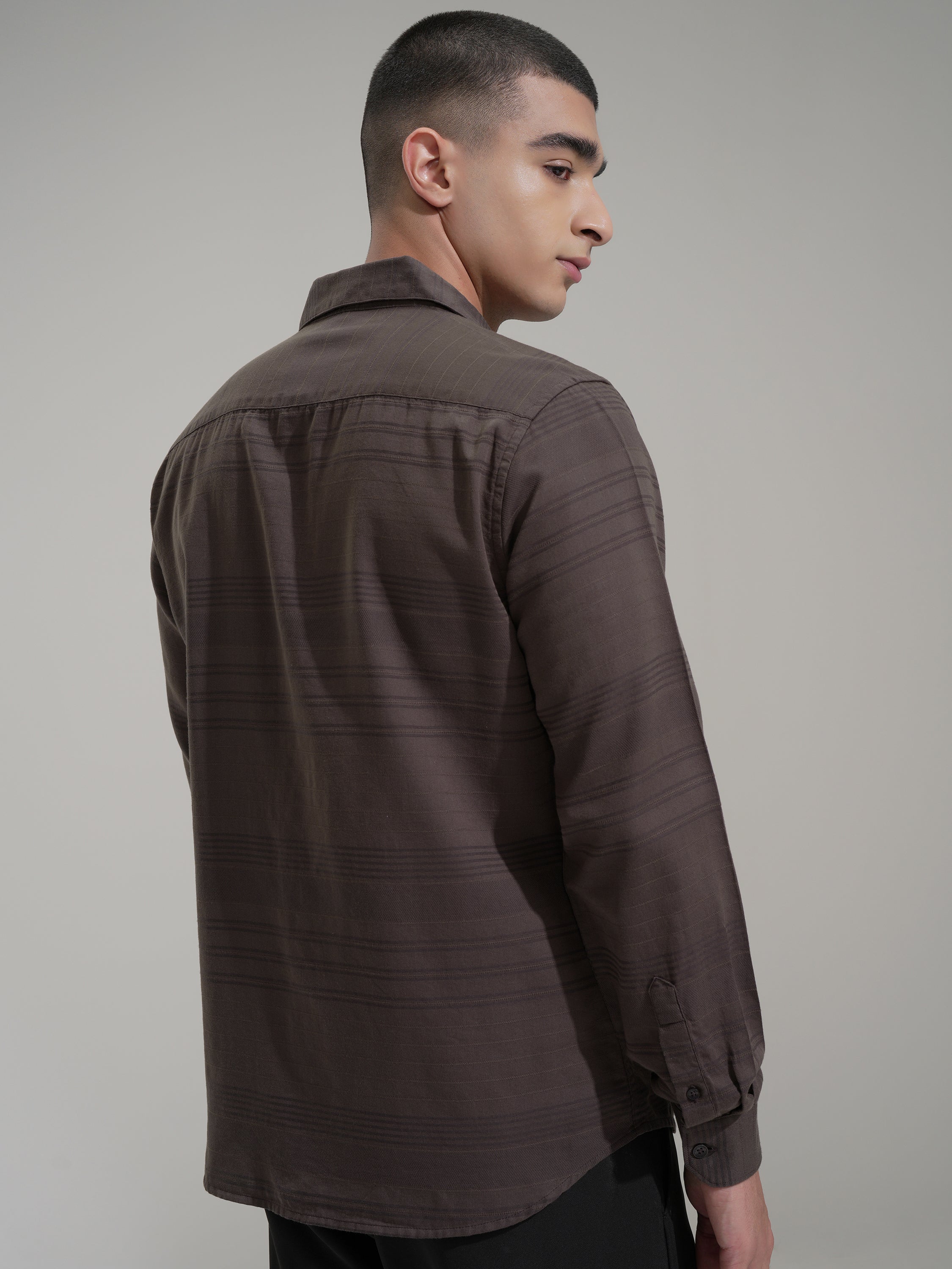 Highlander Men Brown Striped Slim Fit Casual Shirt - Coffee Brown - Image 3