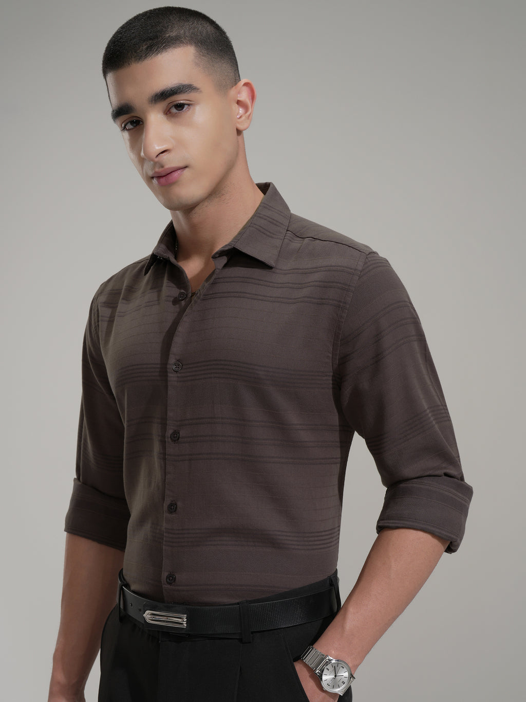 Highlander Men Brown Striped Slim Fit Casual Shirt - Coffee Brown - Image 4