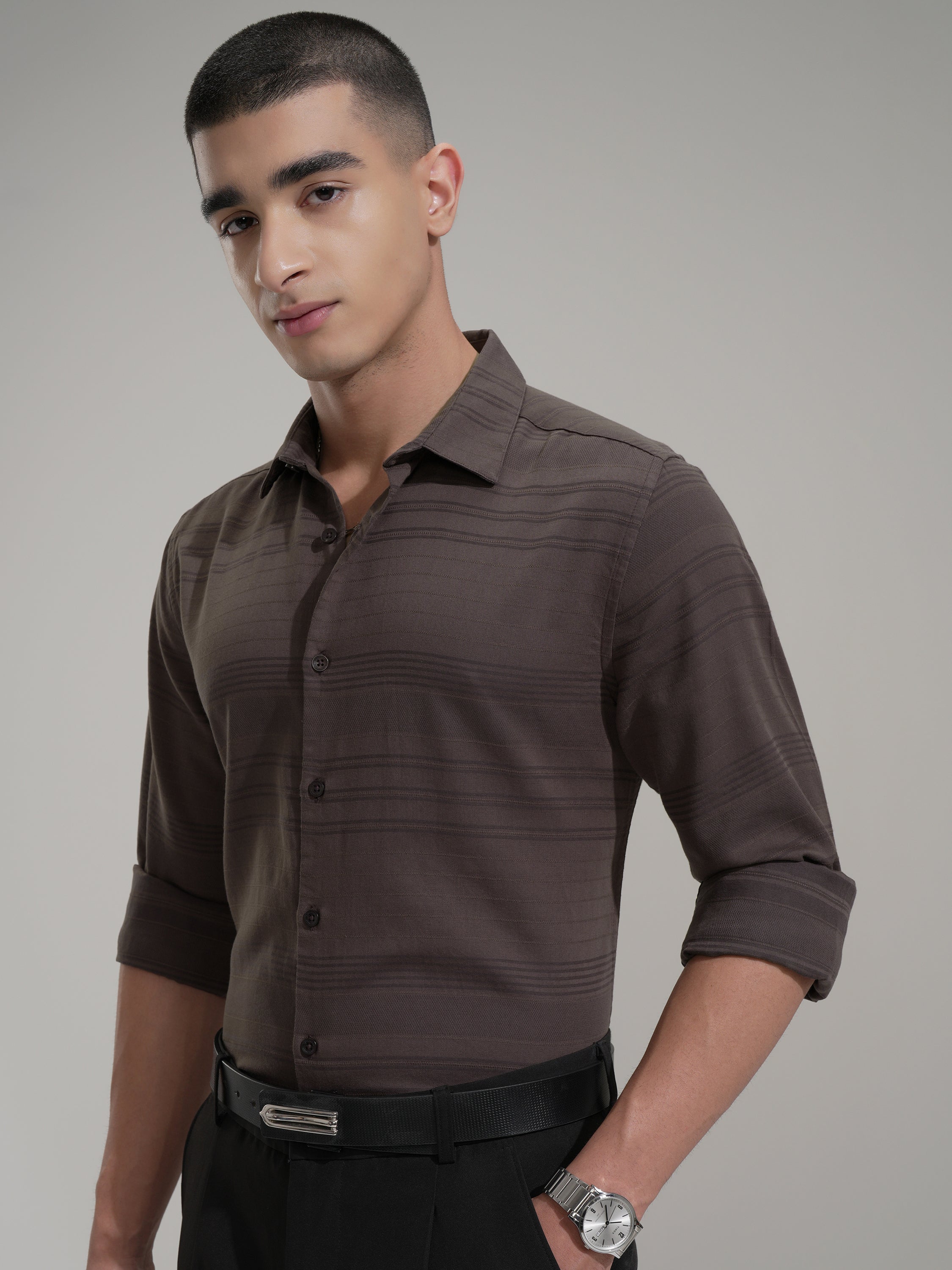 Highlander Men Brown Striped Slim Fit Casual Shirt - Coffee Brown - Image 4