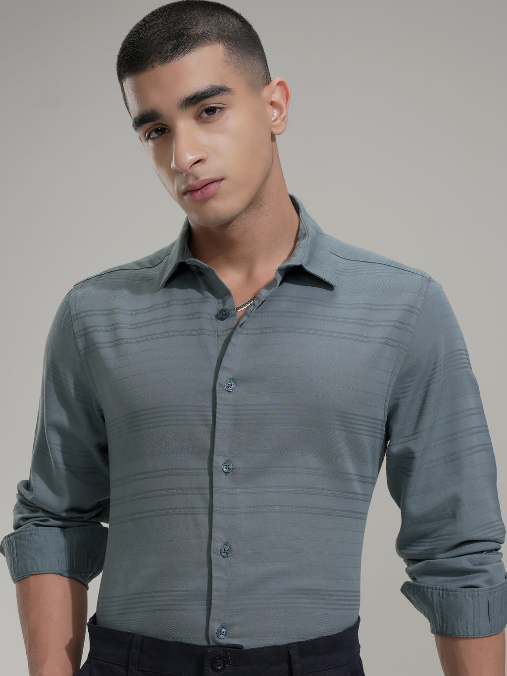 Highlander Men Teal Striped Slim Fit Casual Shirt - Teal - Image 1