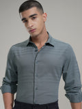 Highlander Men Teal Striped Slim Fit Casual Shirt - Teal - Image 1