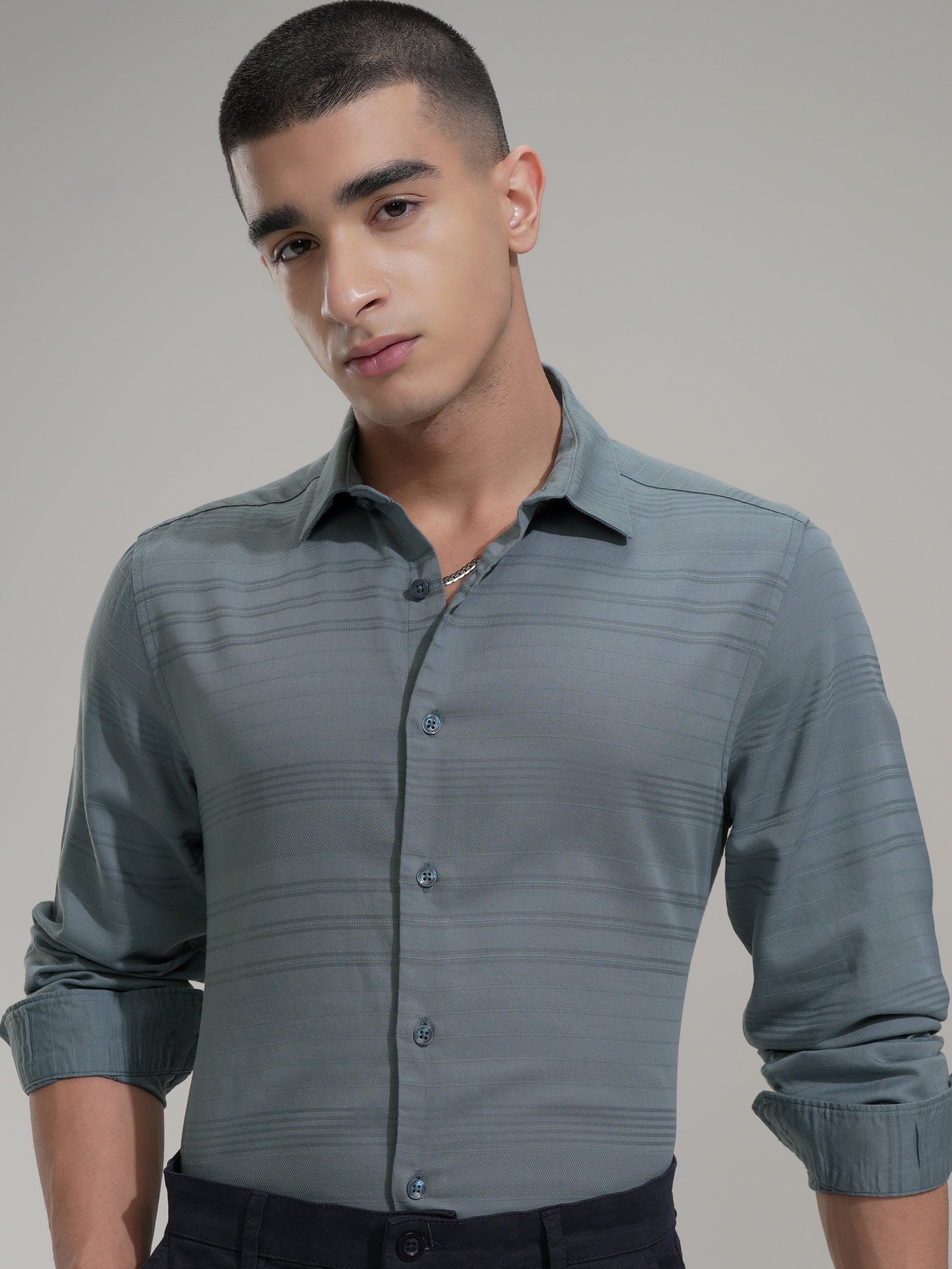 Highlander Men Teal Striped Slim Fit Casual Shirt - Teal - Image 1